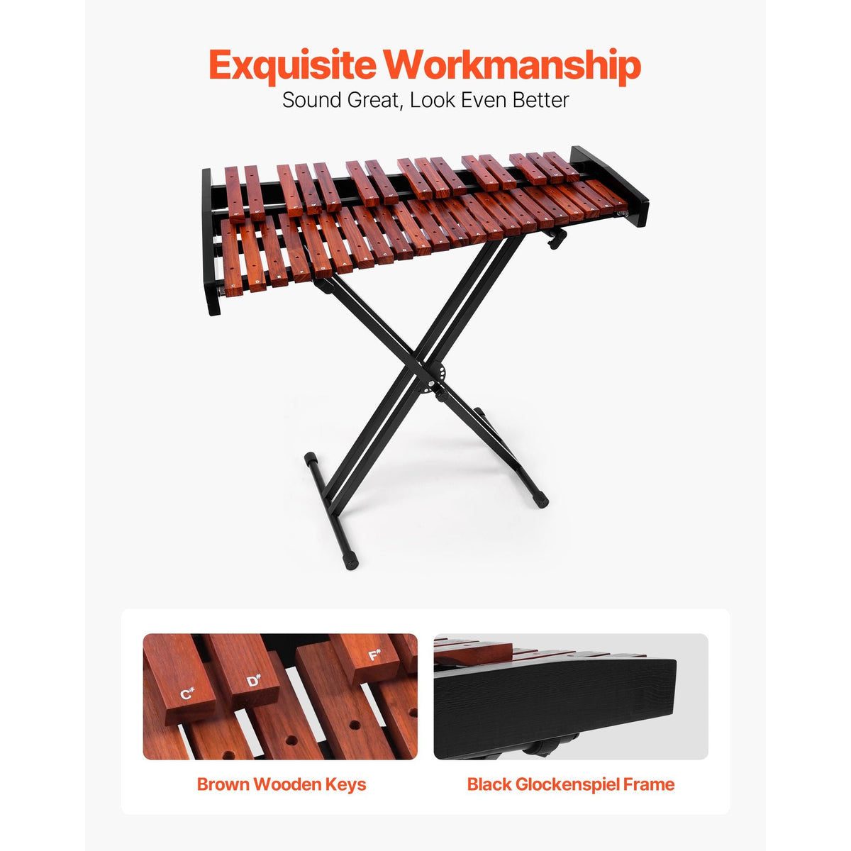 Glockenspiel Xylophone, 37 Notes, Wooden Professional Xylophone Percussion Instrument, with Height Adjustable Stand, 4 Mallets, Carrying Bag, Beginner Musical Instrument Kit for Adults and Kids