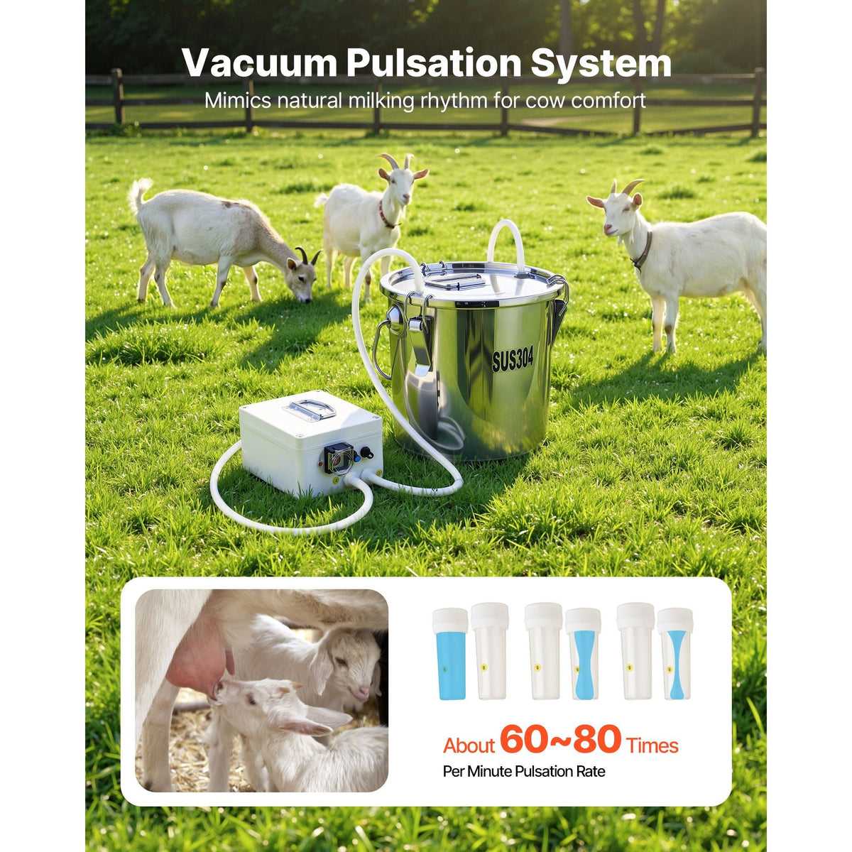 Goat Milking Machine, 0.8 Gal / 3 L Food-Grade Stainless Steel Bucket, with 5200 mAh Rechargeable Battery, 2 Teat Cups, Cordless Portable Pulsation Vaccum Electric Milking Machine for Goats Only