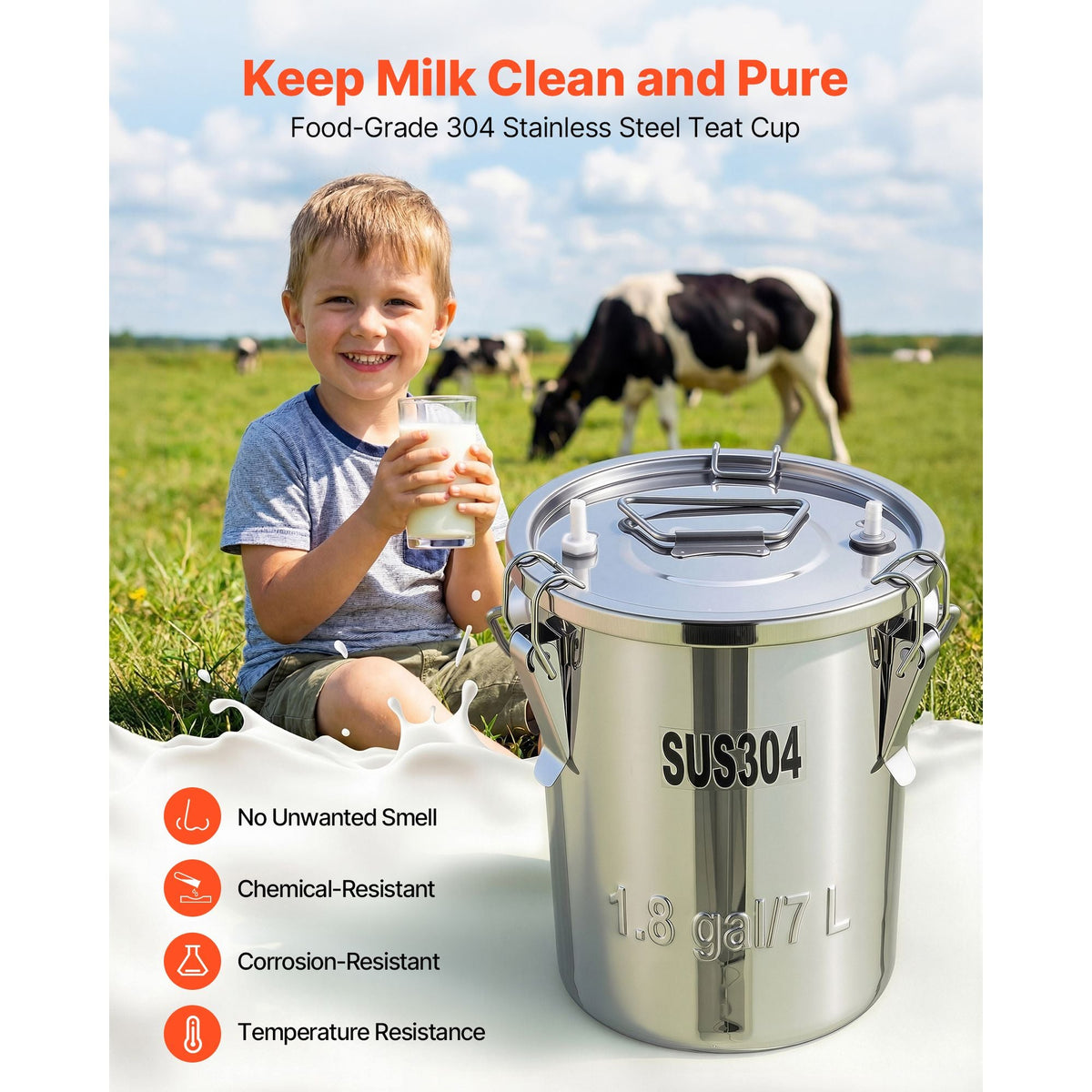 Goat Milking Machine, 1.8 Gal / 7 L Food-Grade Stainless Steel Bucket, 4 Teat Cups for Cows and Goats, with 8000 mAh Rechargeable Battery, Electric Pulsation Milking Machine Portable Milker
