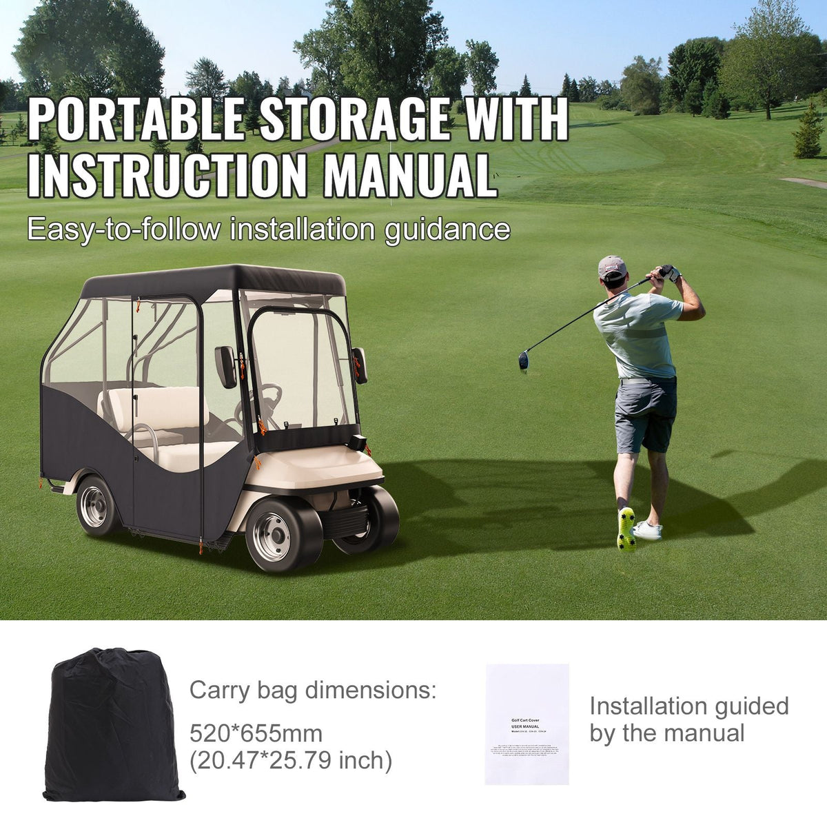Golf Cart Enclosure, 420D Polyester Driving Enclosure with 4-Sided Transparent Windows, 4 Passenger Club Car Covers for 2+2 Passenger Golf Carts, Sunproof and Dustproof Outdoor Cart Cover