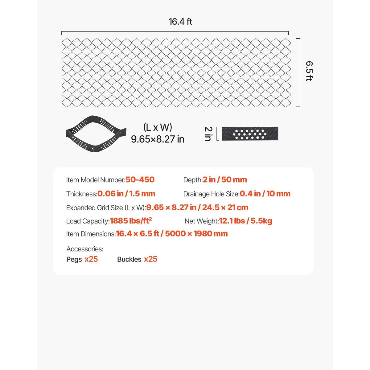 Gravel Grid, 2 Inch Depth, 16.4 x 6.5 FT / 5000 x 1980 mm, 1880 LBS Per Sq ft Grass Ground Retainer, Permeable Geo Grids Driveway Stabilization, for Garden, Patio, Walkway, RV Parking Slopes