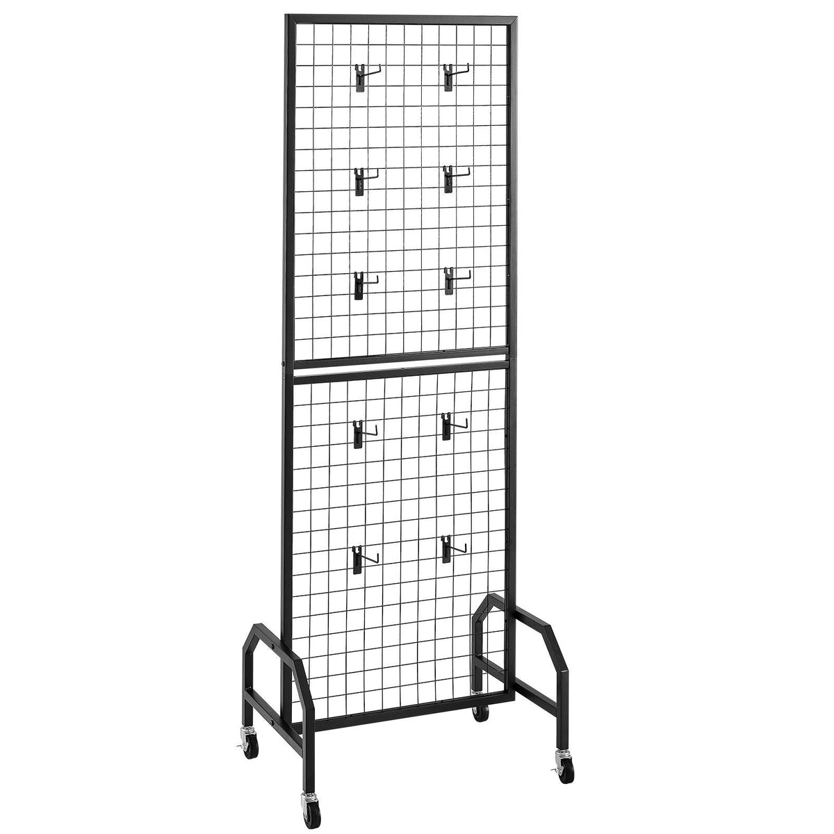 Grid Wall Panel, 1.9 x 5.4 ft Wire Grid Panels Display Rack, Movable Art Display Shelf with Wheels and 10 Hooks, Black Carbon Steel Gridwall for Craft Show, Decoration, Storage, Notice Board