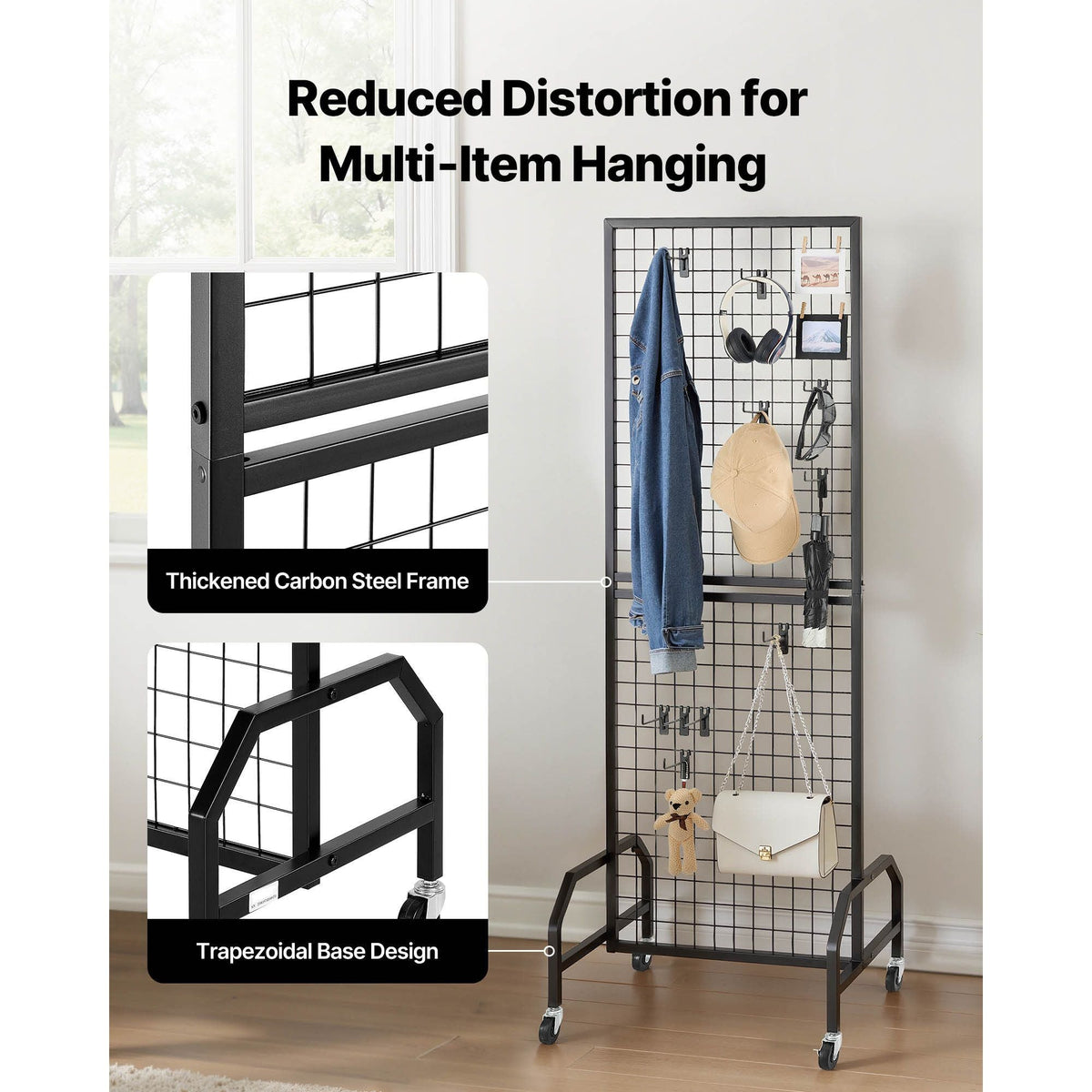 Grid Wall Panel, 1.9 x 5.4 ft Wire Grid Panels Display Rack, Movable Art Display Shelf with Wheels and 10 Hooks, Black Carbon Steel Gridwall for Craft Show, Decoration, Storage, Notice Board