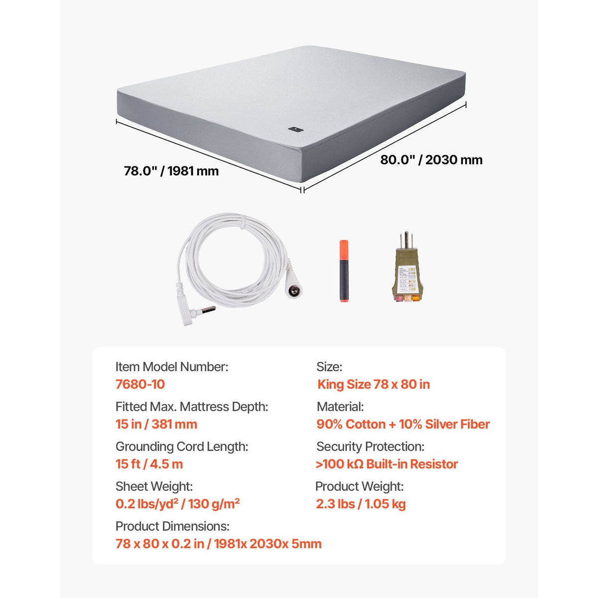 Grounding Sheets, King Size, 90% Cotton + 10% Pure Silver Fiber, Earth Grounded Fitted Bed Sheets, with Grounding Cord & Tester, for Improved Sleep & Wellness (Gray, King - 78 x 80 x 15 in)
