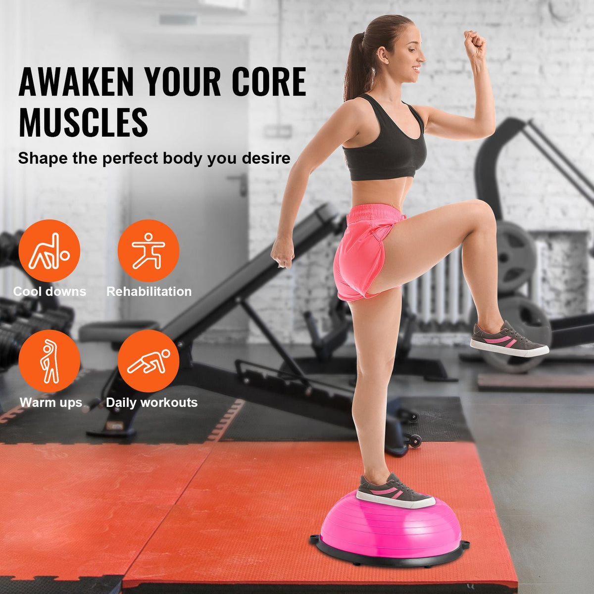 Half Exercise Ball Trainer, 23 inch Balance Ball Trainer, 660lbs Capacity Stability Ball, Yoga Ball with Resistance Bands & Foot Pump, Strength Fitness Ball for Home Gym, Full Body Workout, Pink