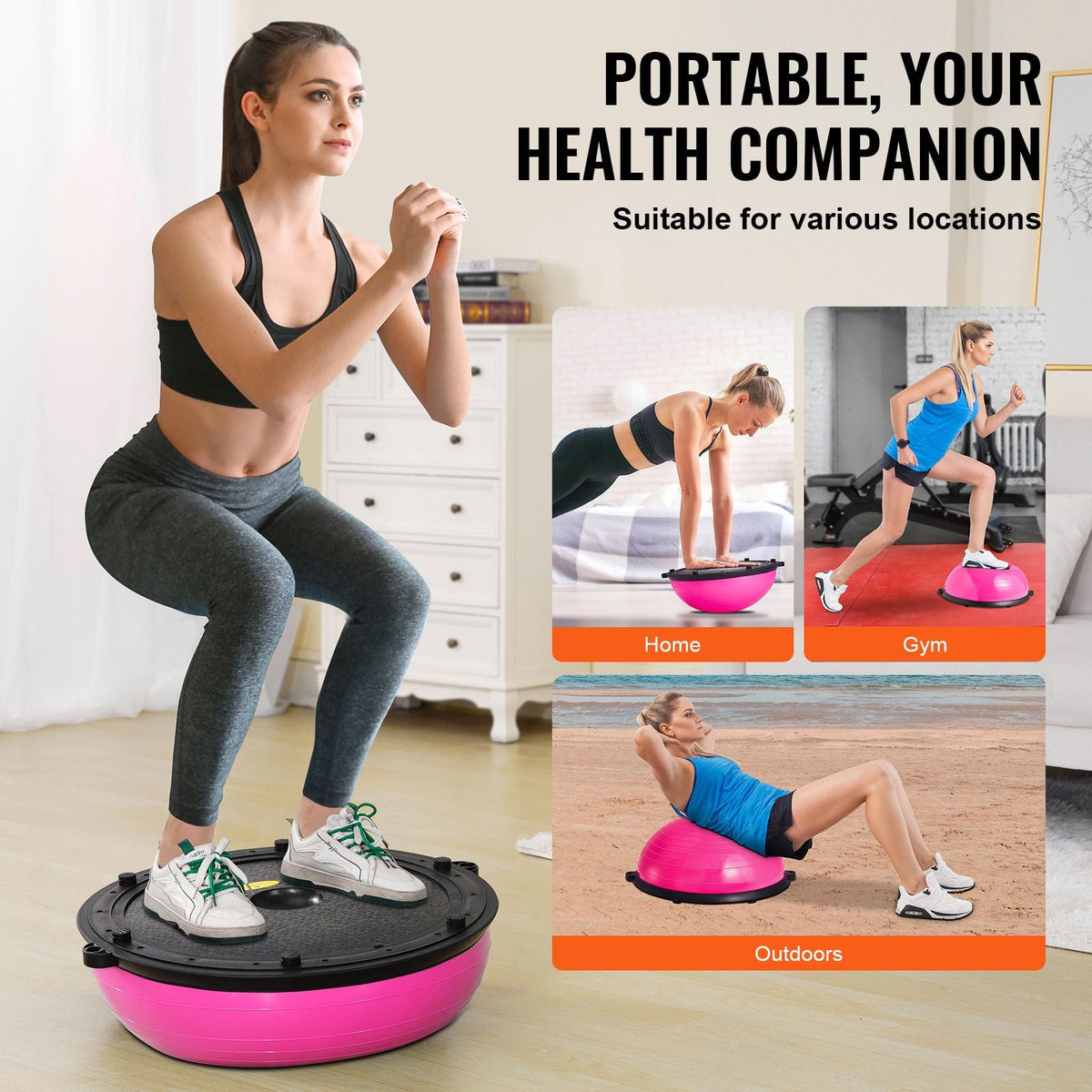 Half Exercise Ball Trainer, 23 inch Balance Ball Trainer, 660lbs Capacity Stability Ball, Yoga Ball with Resistance Bands & Foot Pump, Strength Fitness Ball for Home Gym, Full Body Workout, Pink