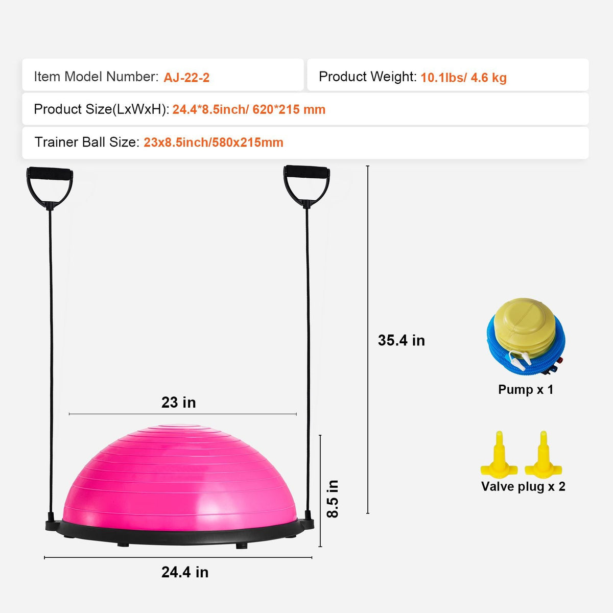 Half Exercise Ball Trainer, 23 inch Balance Ball Trainer, 660lbs Capacity Stability Ball, Yoga Ball with Resistance Bands & Foot Pump, Strength Fitness Ball for Home Gym, Full Body Workout, Pink