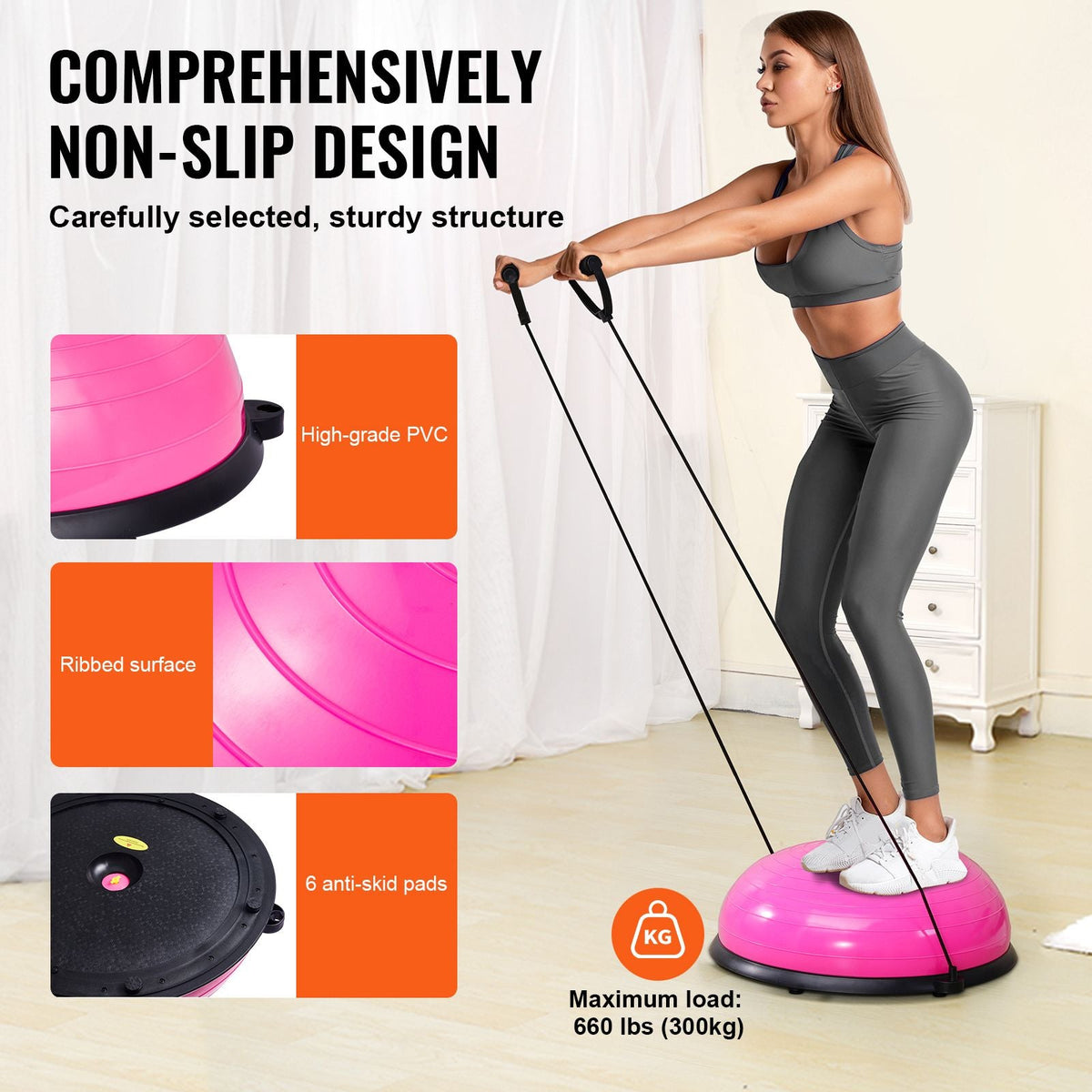 Half Exercise Ball Trainer, 23 inch Balance Ball Trainer, 660lbs Capacity Stability Ball, Yoga Ball with Resistance Bands & Foot Pump, Strength Fitness Ball for Home Gym, Full Body Workout, Pink