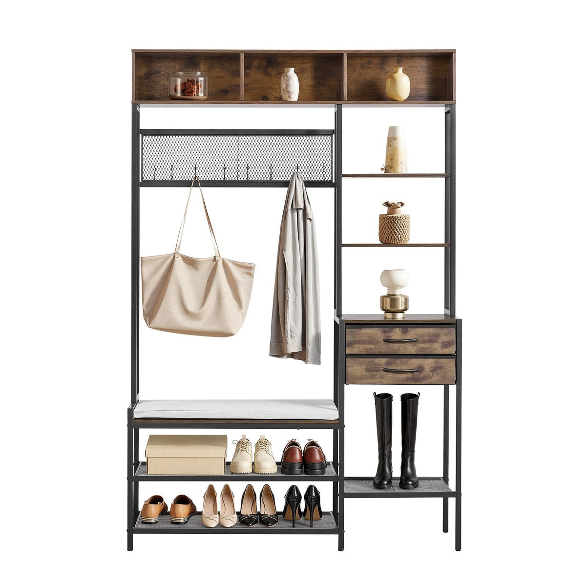 Hall Tree, 70.9 in Coat Rack with Shoe Bench & 2 Drawers, 3-in-1 Freestanding Shoe Rack Storage Organizer with Bookshelf & Wire Shelf, Steel Frame Entrance Coat Holder for Entry, Bedroom, Closet