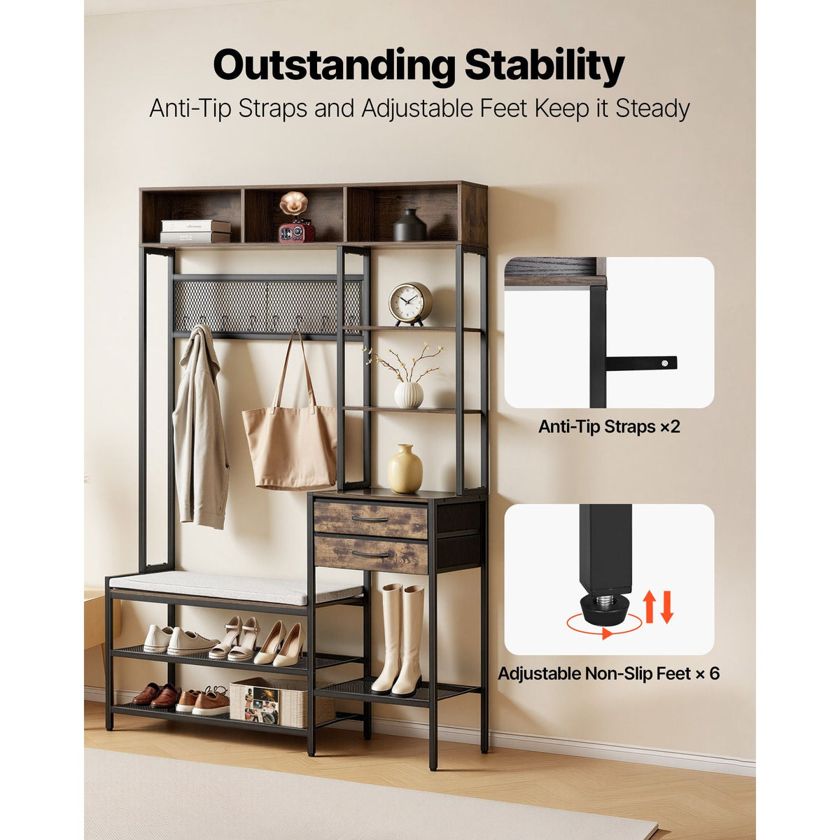 Hall Tree, 70.9 in Coat Rack with Shoe Bench & 2 Drawers, 3-in-1 Freestanding Shoe Rack Storage Organizer with Bookshelf & Wire Shelf, Steel Frame Entrance Coat Holder for Entry, Bedroom, Closet
