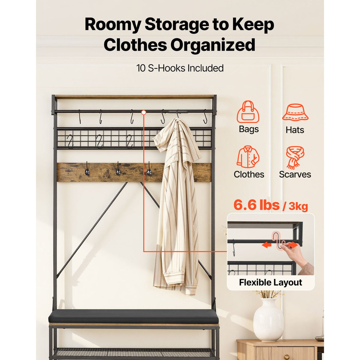 Hall Tree, 72 in Coat Rack with Shoe Bench, 2-Tier Freestanding Shoe Rack Storage Organizer with Hooks, Hanging Rod and Wire Shelf, Steel Frame Entrance Coat Holder for Entry, Bedroom, Closet