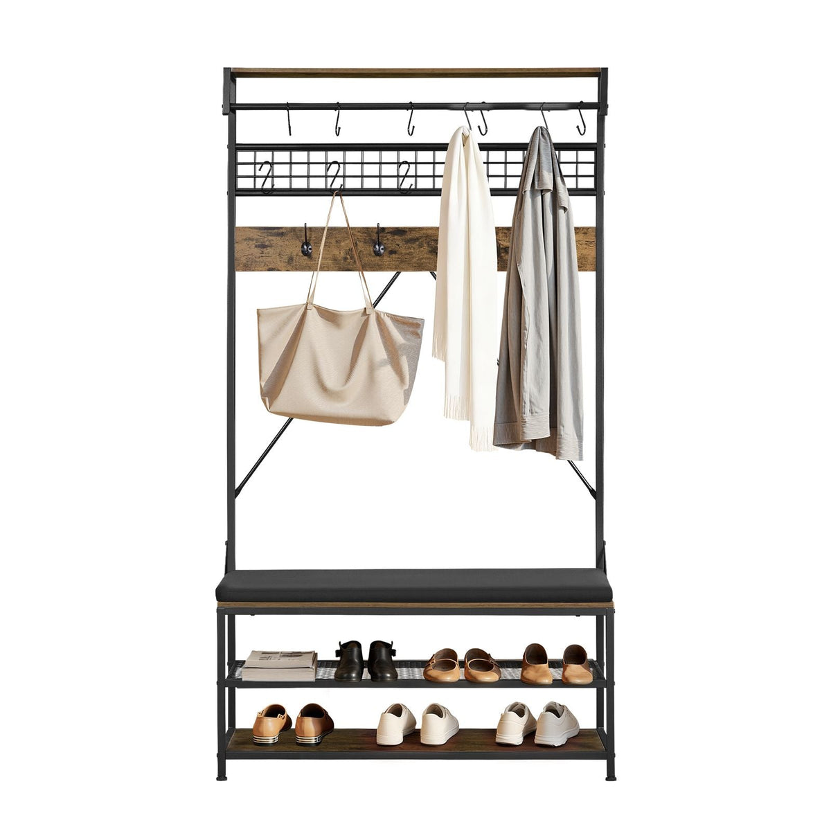 Hall Tree, 72 in Coat Rack with Shoe Bench, 2-Tier Freestanding Shoe Rack Storage Organizer with Hooks, Hanging Rod and Wire Shelf, Steel Frame Entrance Coat Holder for Entry, Bedroom, Closet