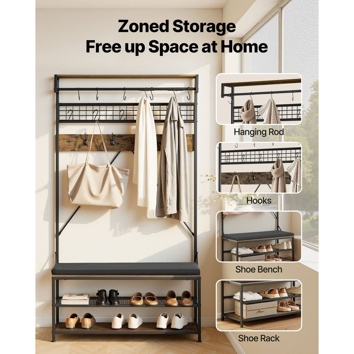 Hall Tree, 72 in Coat Rack with Shoe Bench, 2-Tier Freestanding Shoe Rack Storage Organizer with Hooks, Hanging Rod and Wire Shelf, Steel Frame Entrance Coat Holder for Entry, Bedroom, Closet