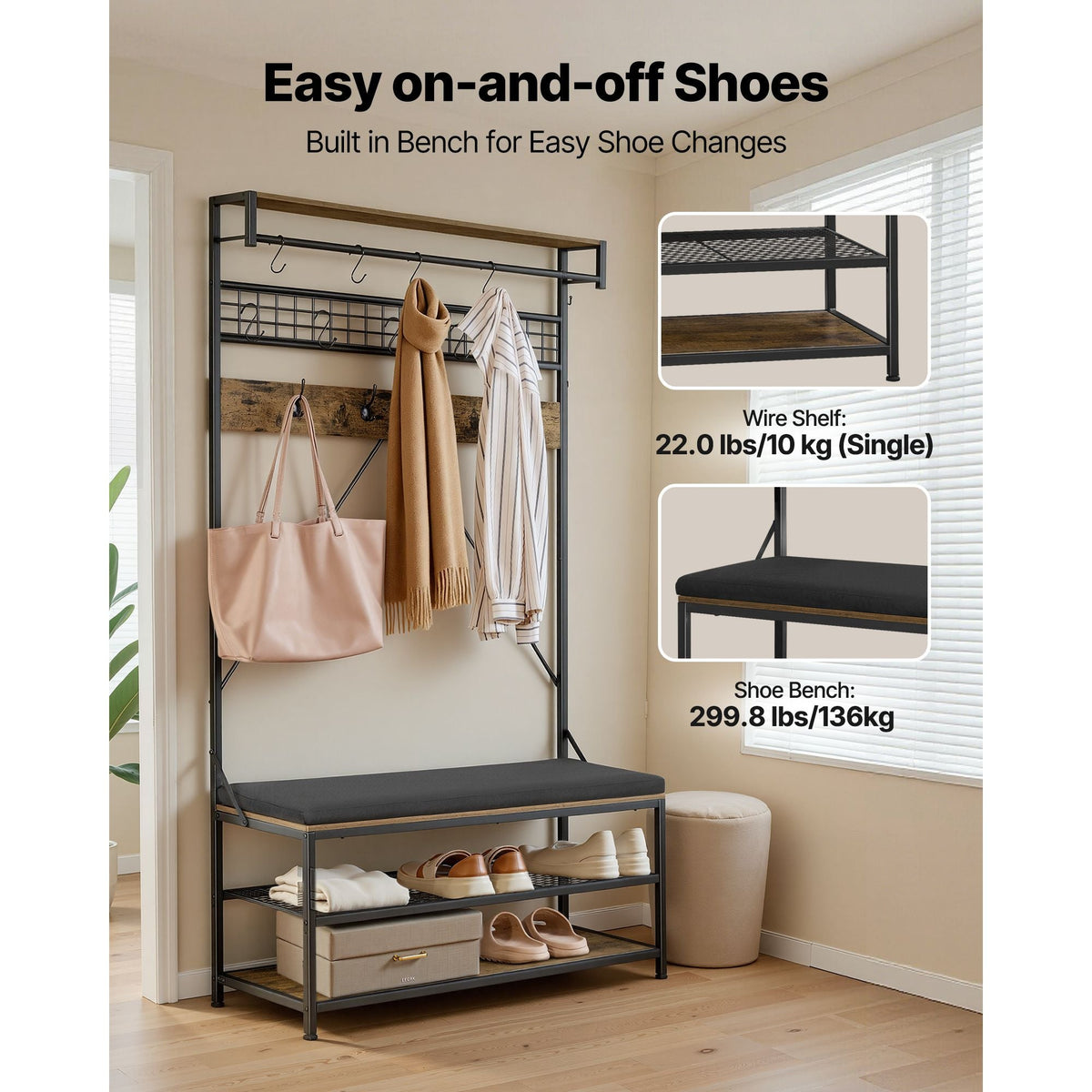 Hall Tree, 72 in Coat Rack with Shoe Bench, 2-Tier Freestanding Shoe Rack Storage Organizer with Hooks, Hanging Rod and Wire Shelf, Steel Frame Entrance Coat Holder for Entry, Bedroom, Closet