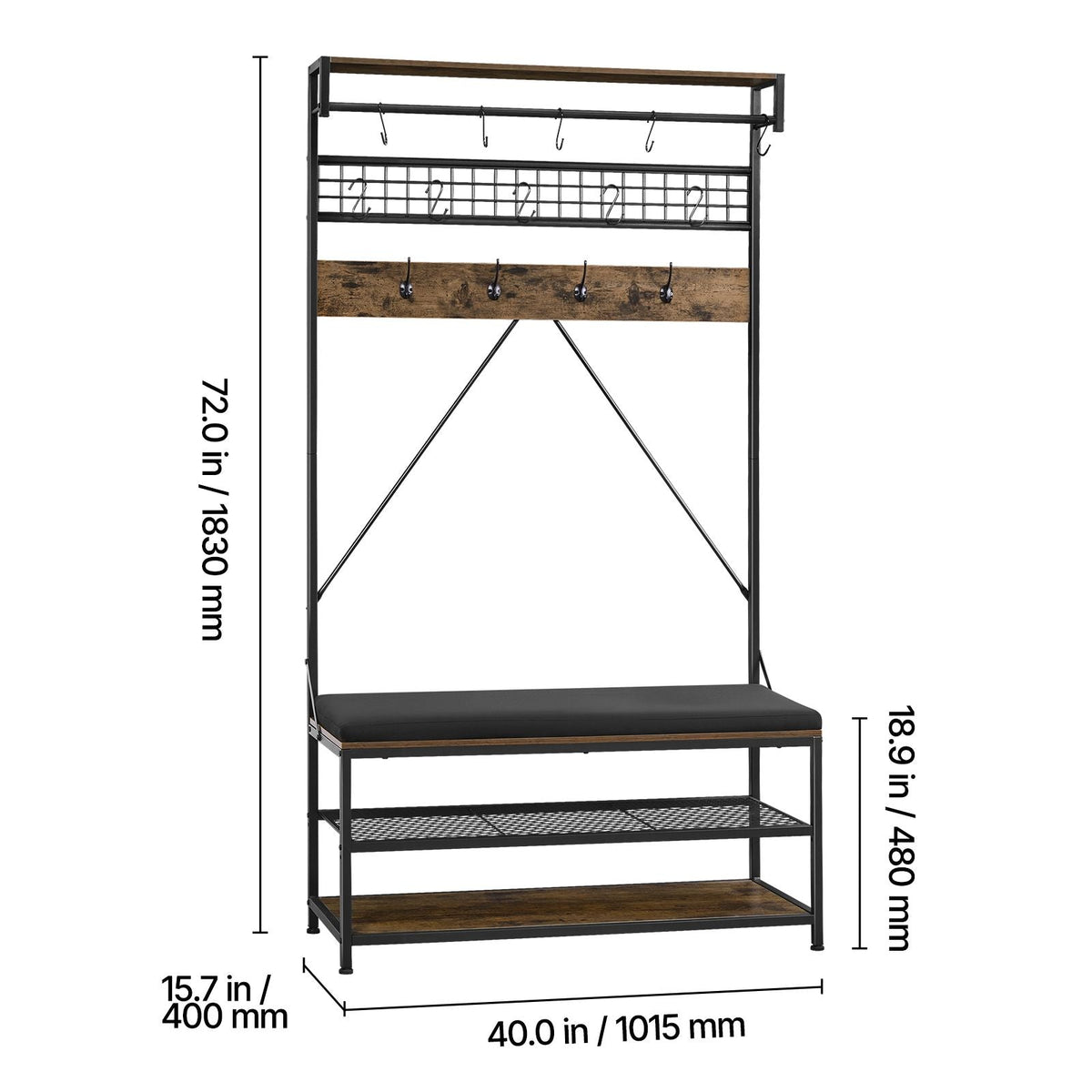 Hall Tree, 72 in Coat Rack with Shoe Bench, 2-Tier Freestanding Shoe Rack Storage Organizer with Hooks, Hanging Rod and Wire Shelf, Steel Frame Entrance Coat Holder for Entry, Bedroom, Closet