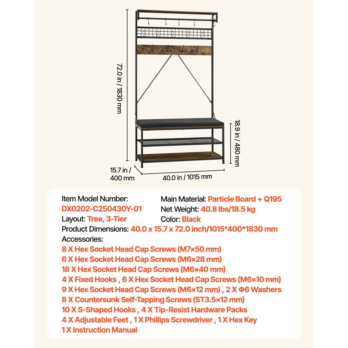 Hall Tree, 72 in Coat Rack with Shoe Bench, 2-Tier Freestanding Shoe Rack Storage Organizer with Hooks, Hanging Rod and Wire Shelf, Steel Frame Entrance Coat Holder for Entry, Bedroom, Closet
