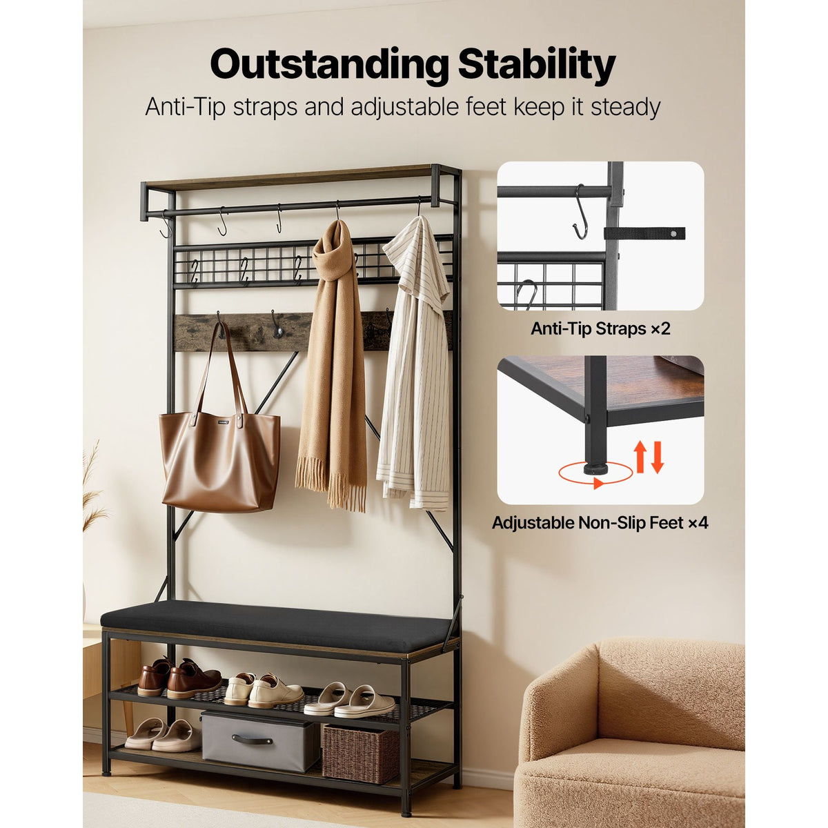 Hall Tree, 72 in Coat Rack with Shoe Bench, 2-Tier Freestanding Shoe Rack Storage Organizer with Hooks, Hanging Rod and Wire Shelf, Steel Frame Entrance Coat Holder for Entry, Bedroom, Closet