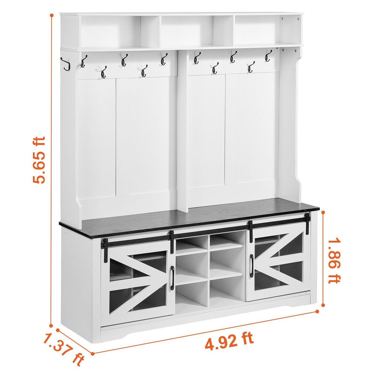 Hall Tree Entryway Bench, LED Coat Rack with Shoe Storage, 59" Wide Mudroom bench with Storage and Seating, Adjustable Shelves and 12 Hanging Hooks, for Mudroom, Entryway, Hallway