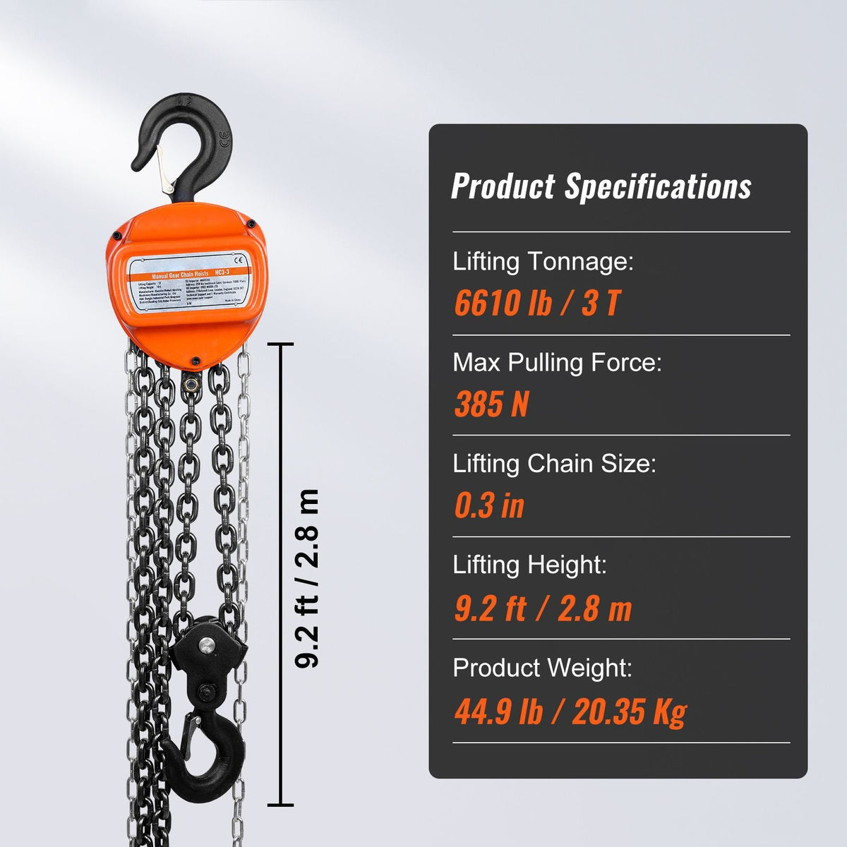 Hand Chain Hoist, 3 Ton 6600 lbs Capacity 10 FT Come Along, G80 Galvanized Carbon Steel with Double-Pawl Brake, Auto Chain Leading & 360° Rotation Hook, for Garage Factory Dock
