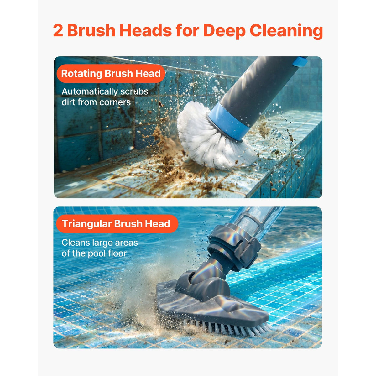 Handheld Pool Vacuum, 8.5 GPM Cordless Spa Hot Tub Vacuum with Extension Pole and 2 Brush Heads, 60 Mins Running Time, for Small Debris, Sand, Rechargeable Pool Cleaner for Above Ground Pools