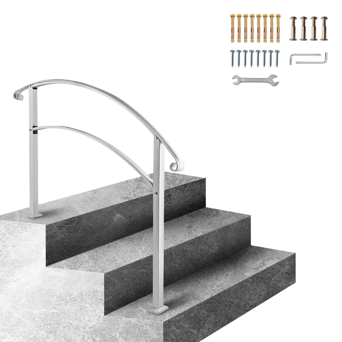 Handrails for Outdoor Steps, Fit 1 or 3 Steps Outdoor Stair Railing, White Wrought Iron Handrail, Flexible Front Porch Hand Rail, Transitional Handrails for Concrete Steps or Wooden Stairs