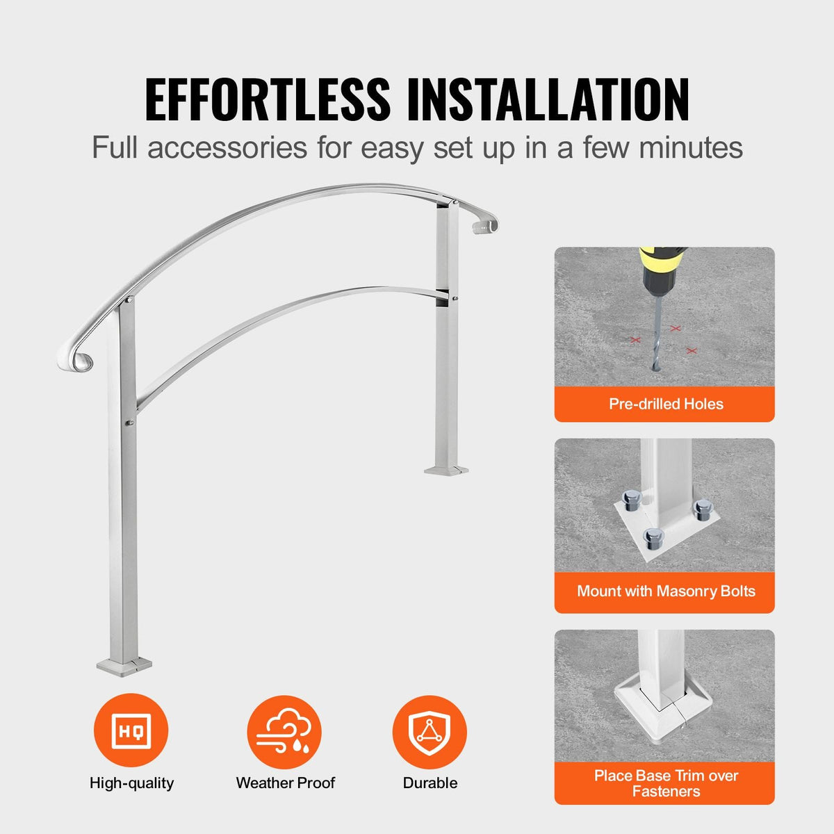 Handrails for Outdoor Steps, Fit 1 or 4 Steps Outdoor Stair Railing, White Wrought Iron Handrail, Flexible Front Porch Hand Rail, Transitional Handrails for Concrete Steps or Wooden Stairs
