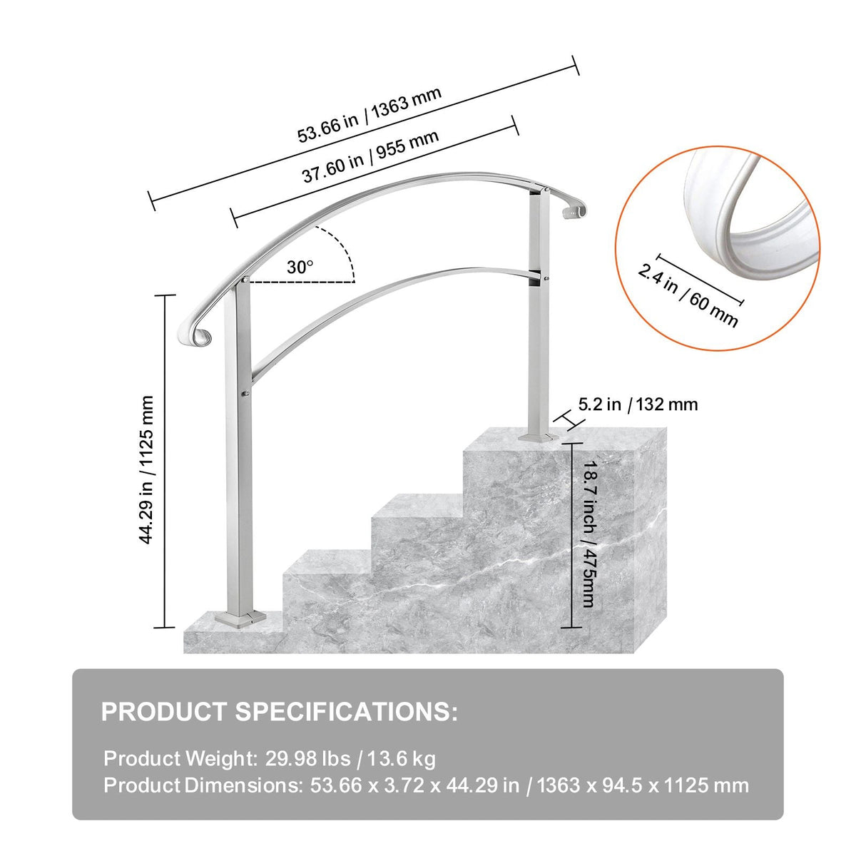 Handrails for Outdoor Steps, Fit 1 or 4 Steps Outdoor Stair Railing, White Wrought Iron Handrail, Flexible Front Porch Hand Rail, Transitional Handrails for Concrete Steps or Wooden Stairs