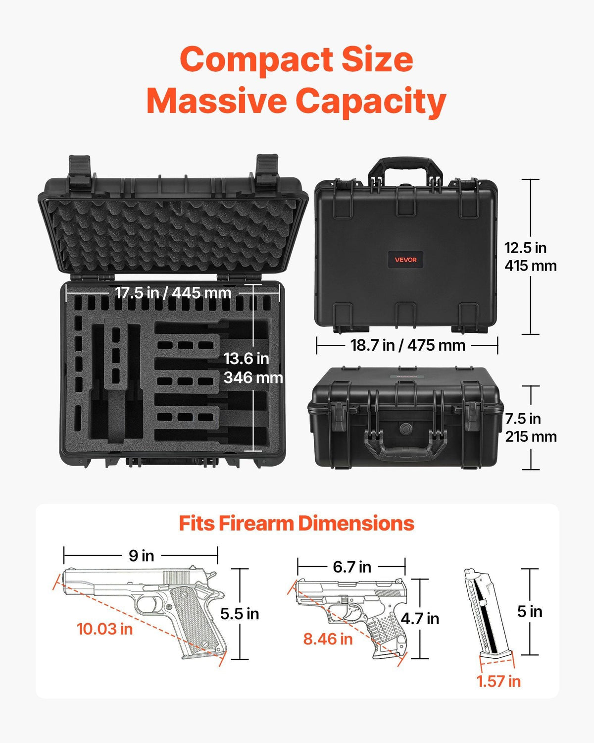 Hard Pistol Case, Heavy Duty Hard Gun Case with XPE Foam Interior, Waterproof Pistol Storage Box with Customizable Lining & Handle for Gun, Lenses, Camera, Gear, TSA Compliant, 18.7x12.5x7.5 in
