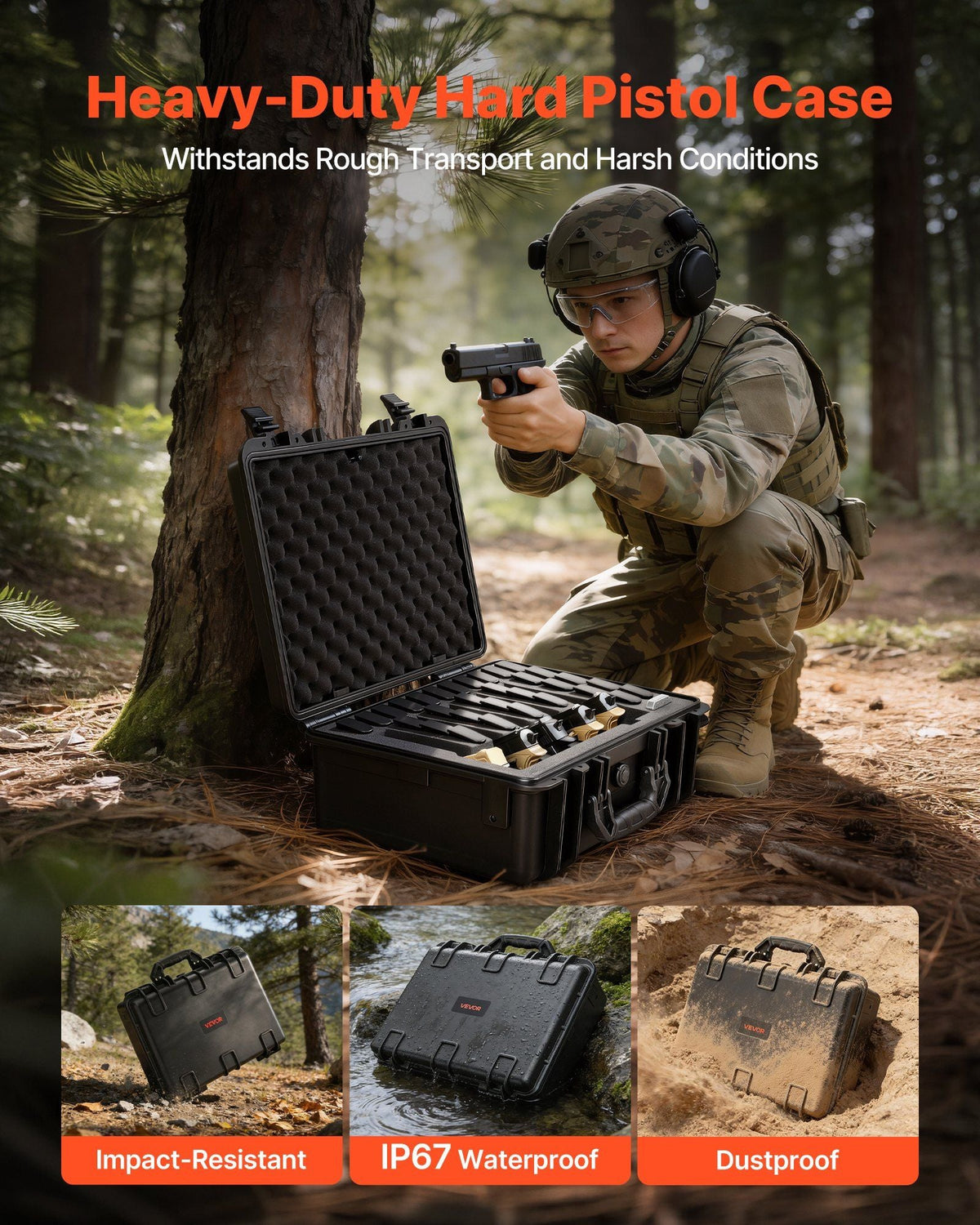 Hard Pistol Case, Heavy Duty Hard Gun Case with XPE Foam Lining, Waterproof Pistol Storage Box with Customizable Interior & Handle for Gun, Lenses, Camera, Gear, TSA Compliant, 18.7x12.5x7.5 in