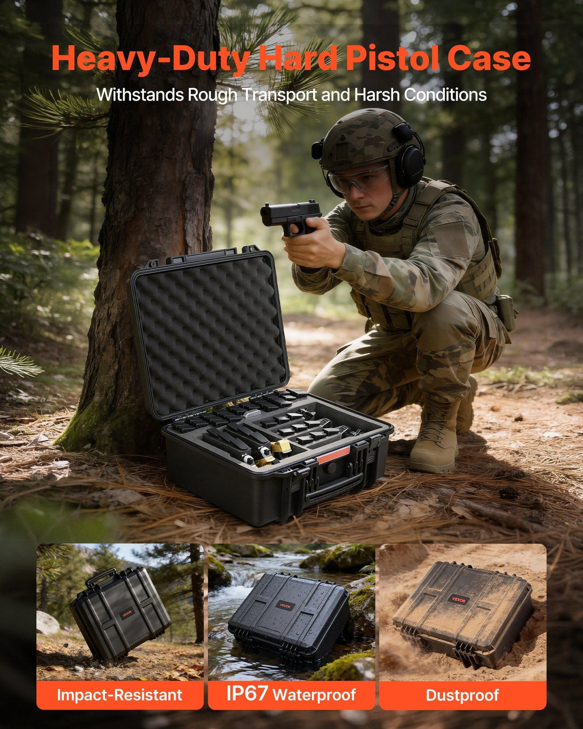 Hard Pistol Case, Heavy Duty Hard Gun Case with XPE Foam Lining, Waterproof Pistol Storage Box with Customizable Interior & Handle for Gun, Lenses, Camera, Gear, TSA Compliant, 19.3x17.1x8.3 in