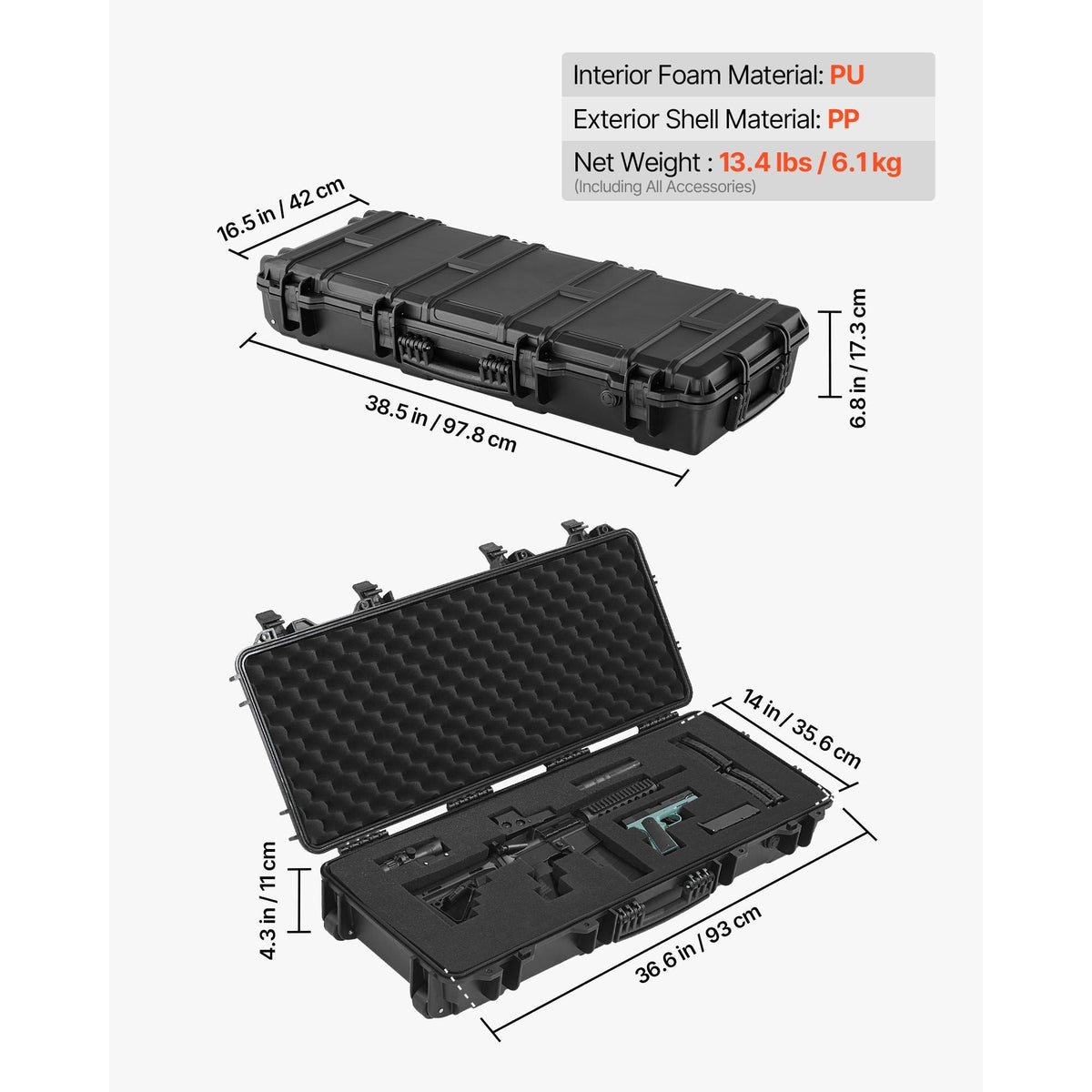 Hard Rifle Case, Lockable Rifle Case with 4 Layers Pre-cut Foams, 36 in Gun Storage with Wheels, IP67 Waterproof & Dustproof Pistol Storage Cases for Rifles, Shotguns, Airsoft Guns, Black