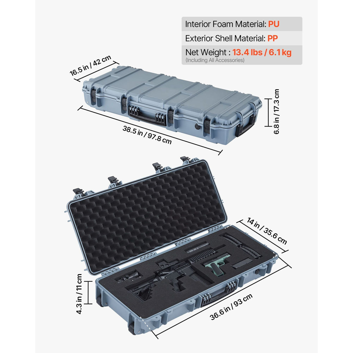 Hard Rifle Case, Lockable Rifle Case with 4 Layers Pre-cut Foams, 36 in Gun Storage with Wheels, IP67 Waterproof & Dustproof Pistol Storage Cases for Rifles, Shotguns, Airsoft Guns, Grey
