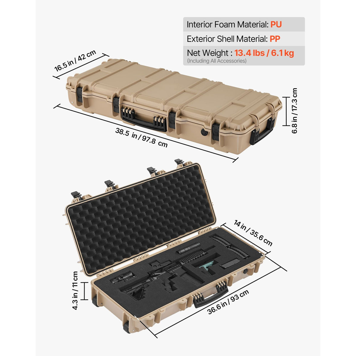 Hard Rifle Case, Lockable Rifle Case with 4 Layers Pre-cut Foams, 36 in Gun Storage with Wheels, IP67 Waterproof & Dustproof Pistol Storage Cases for Rifles, Shotguns, Airsoft Guns, Khaki