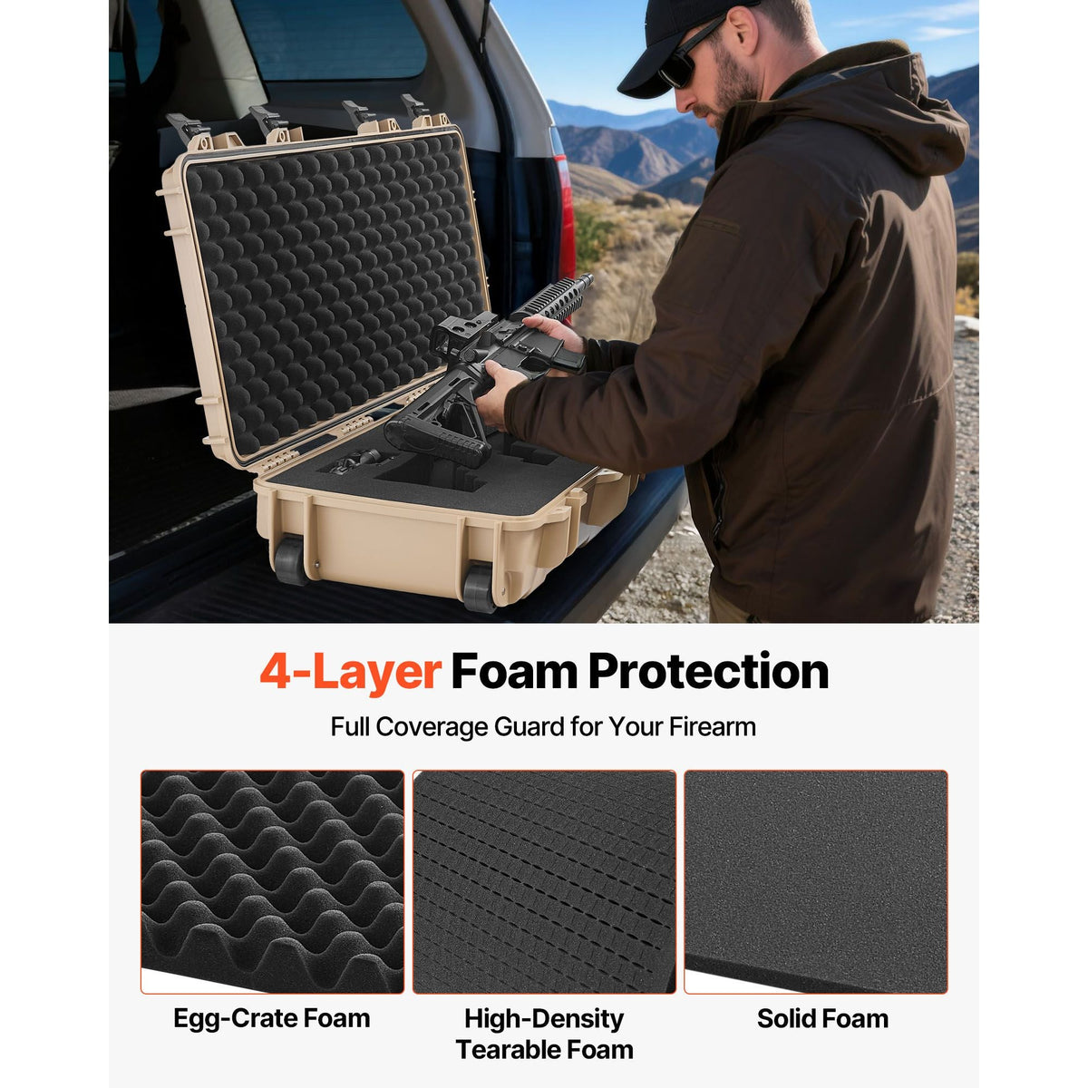 Hard Rifle Case, Lockable Rifle Case with 4 Layers Pre-cut Foams, 36 in Gun Storage with Wheels, IP67 Waterproof & Dustproof Pistol Storage Cases for Rifles, Shotguns, Airsoft Guns, Khaki