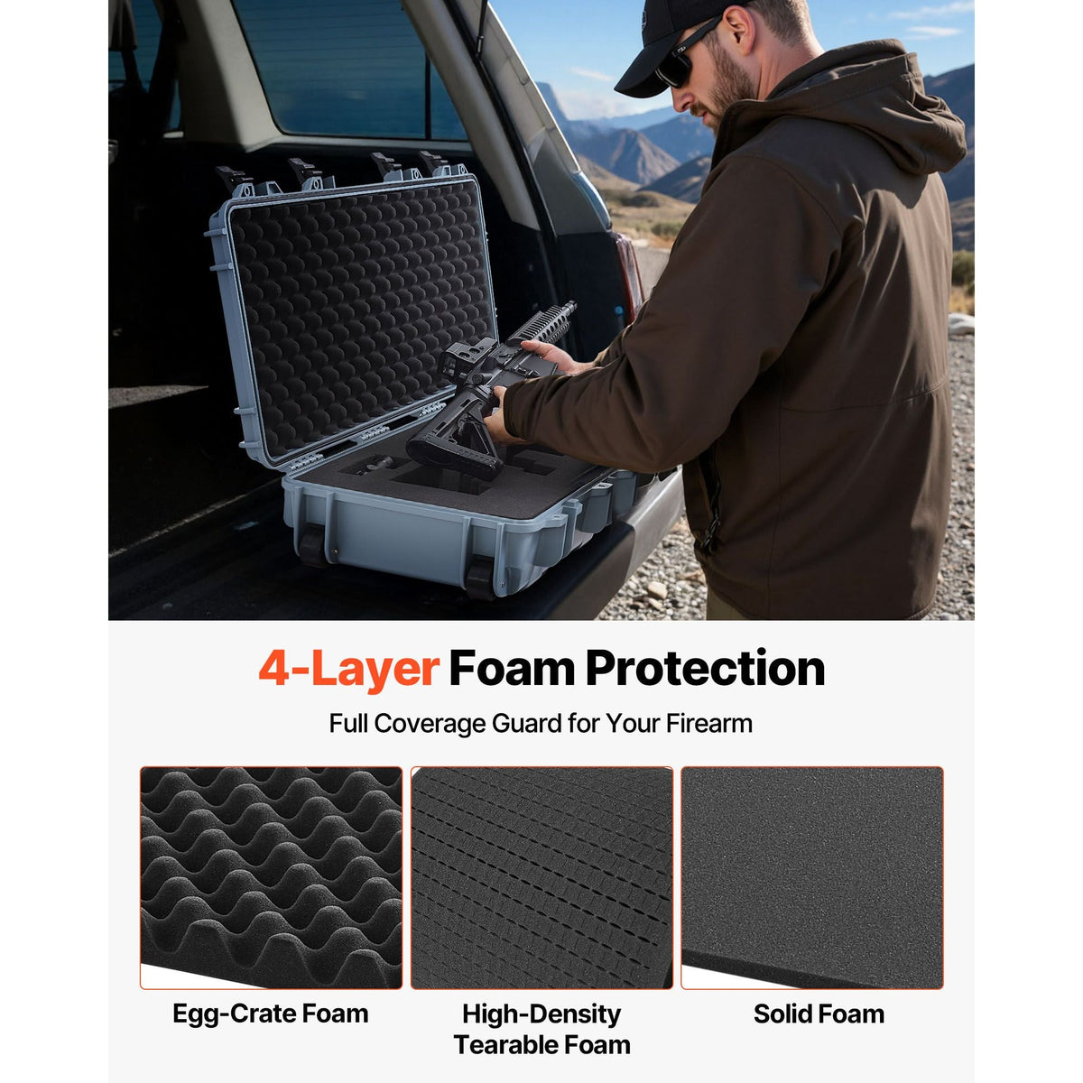 Hard Rifle Case, Lockable Rifle Case with Pre-cut Foams, 40 in Gun Storage with Wheels, IP67 Waterproof & Dustproof Movable Large Pistol Storage for Rifles, Shotguns, Airsoft Guns, Grey