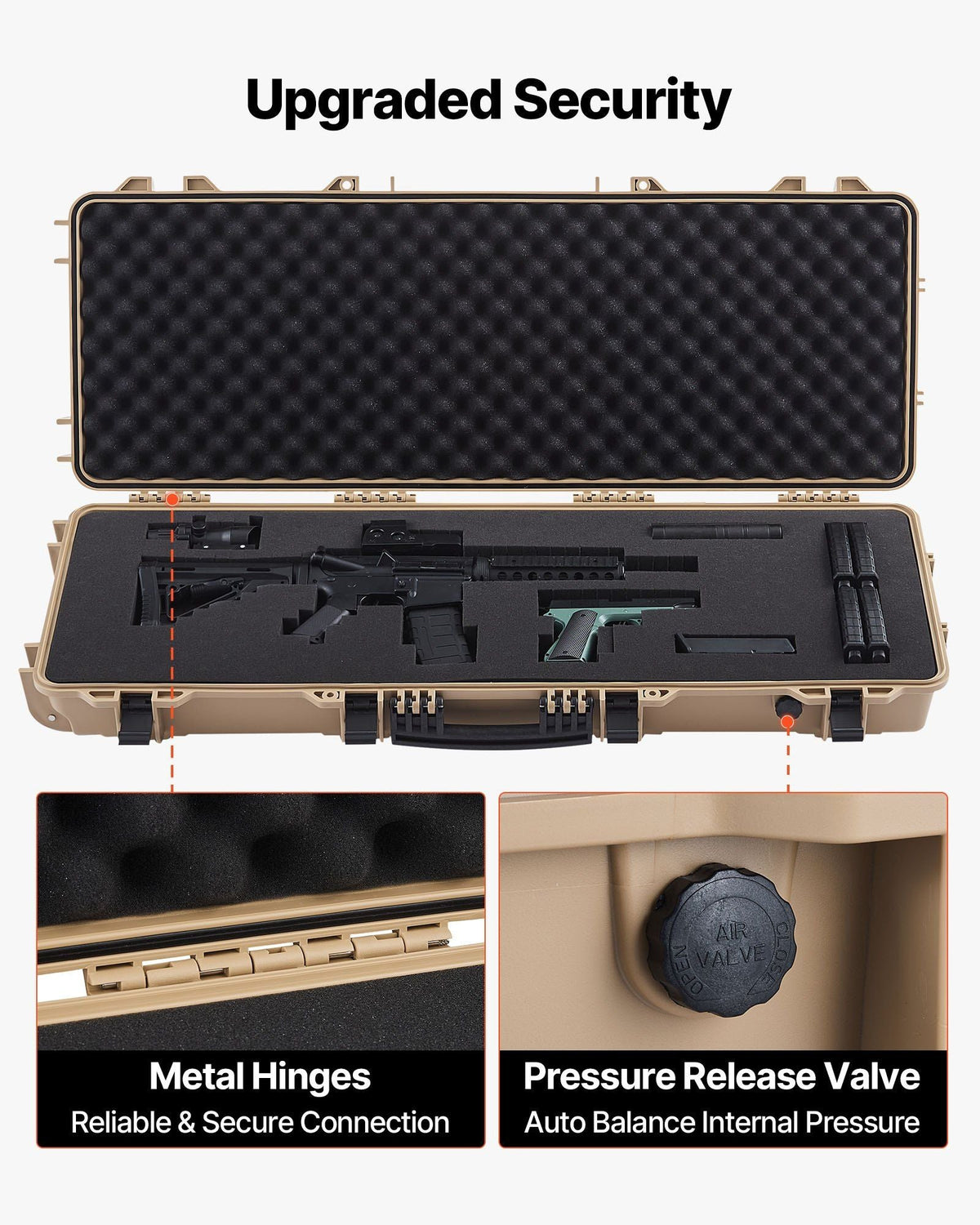 Hard Rifle Case, Lockable Rifle Case with Pre-cut Foams, 42 in Movable Gun Storage with Wheels, IP67 Waterproof & Dustproof Pistol Storage for Rifle, Shotgun, Airsoft Gun, Khaki