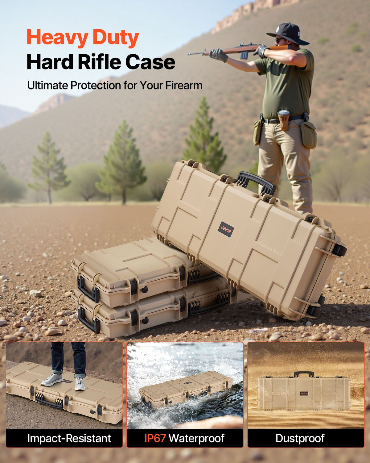 Hard Rifle Case, Lockable Rifle Case with Pre-cut Foams, 42 in Movable Gun Storage with Wheels, IP67 Waterproof & Dustproof Pistol Storage for Rifle, Shotgun, Airsoft Gun, Khaki