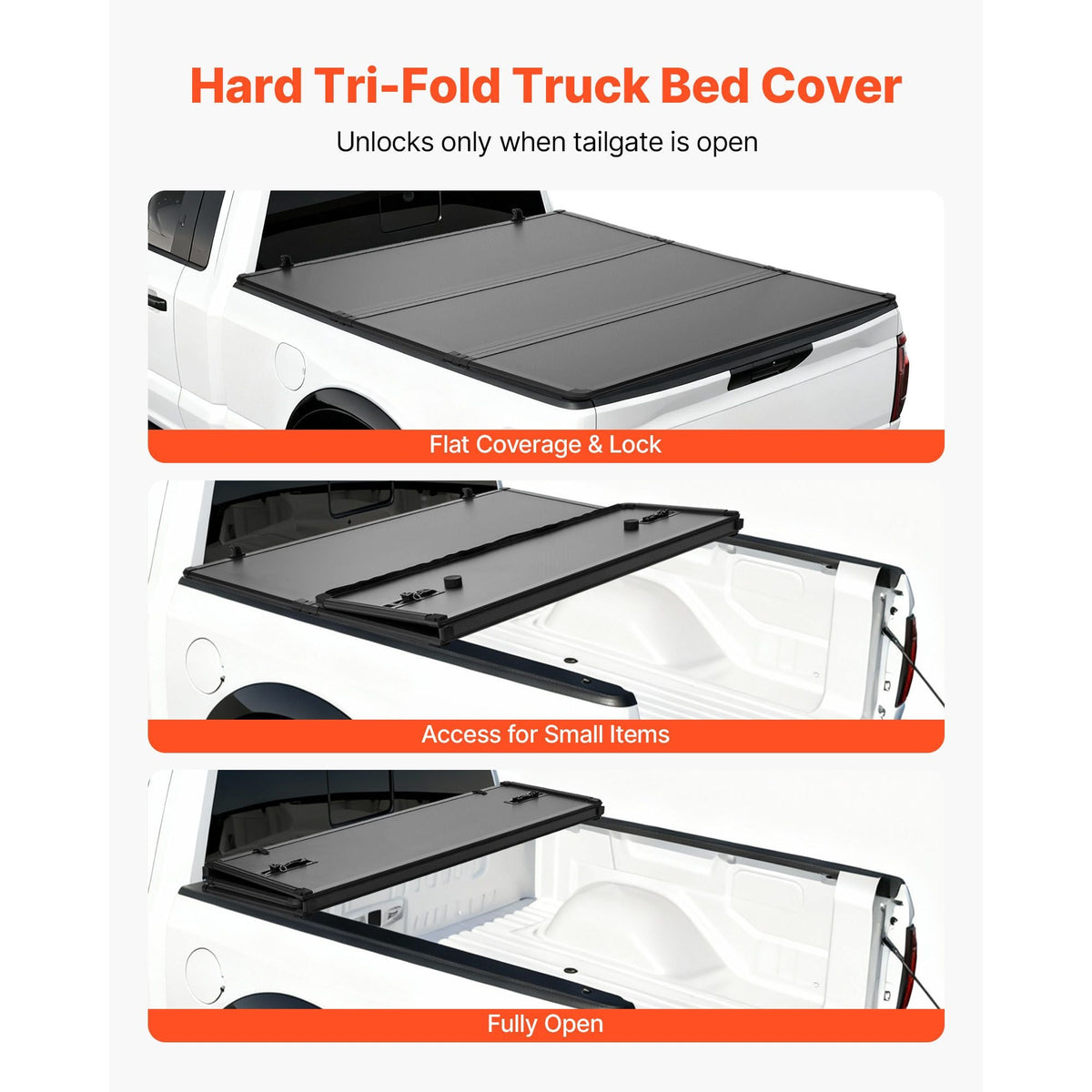 Hard Tri-Fold Truck Bed Tonneau Cover, Compatible with 2015-2025 Ford F150 6.5 ft (78.9 in) Standard Bed, Waterproof Fiberglass Hard Folding Truck Tonneau Cover with Aluminum Alloy Support Bar