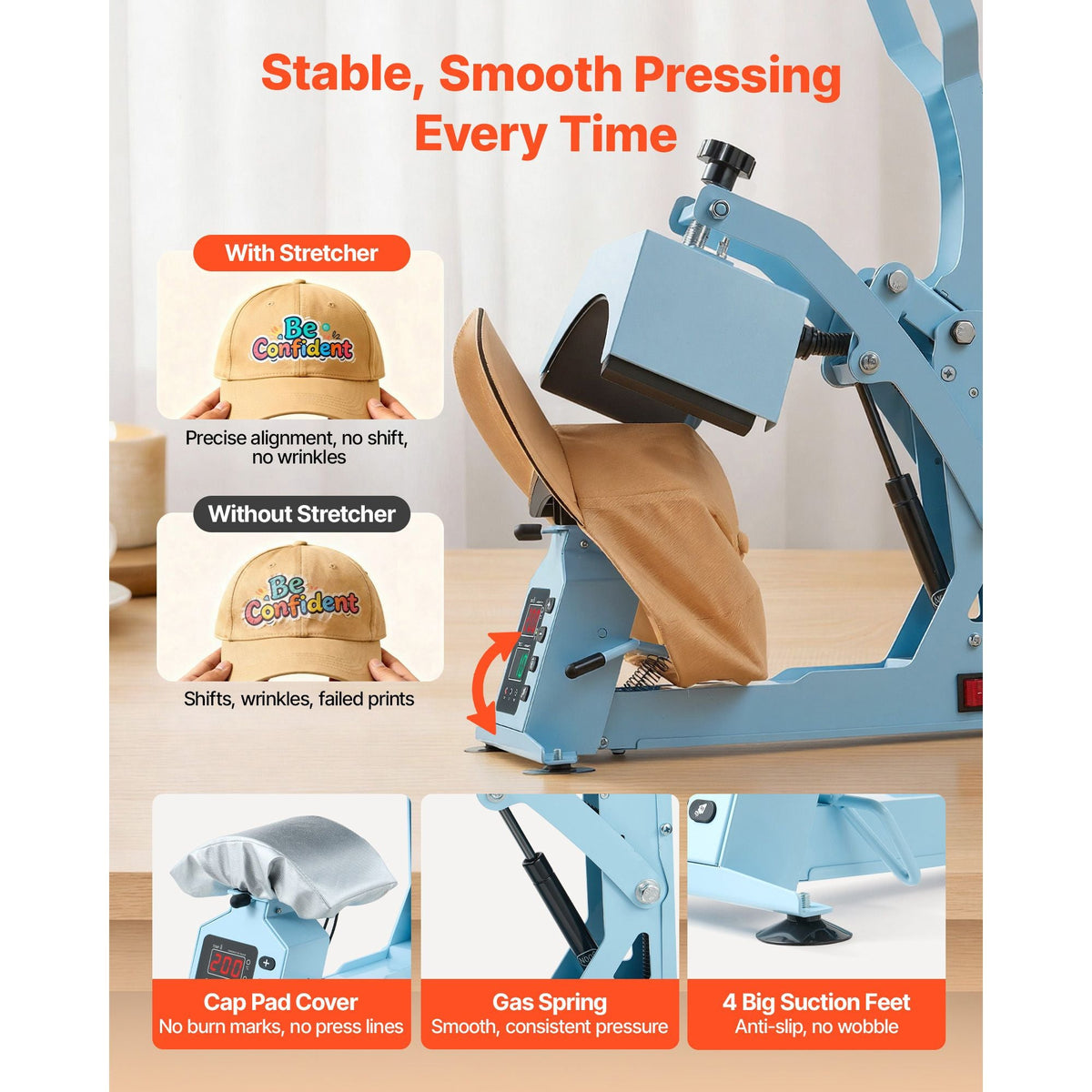 Hat Heat Press Machine, with 2 Interchangeable Platens and Caps Stretcher, Precise Temperature & Time Control, Heat Press for Hats and Caps, for HTV Iron On and Sublimation Projects, Light Blue