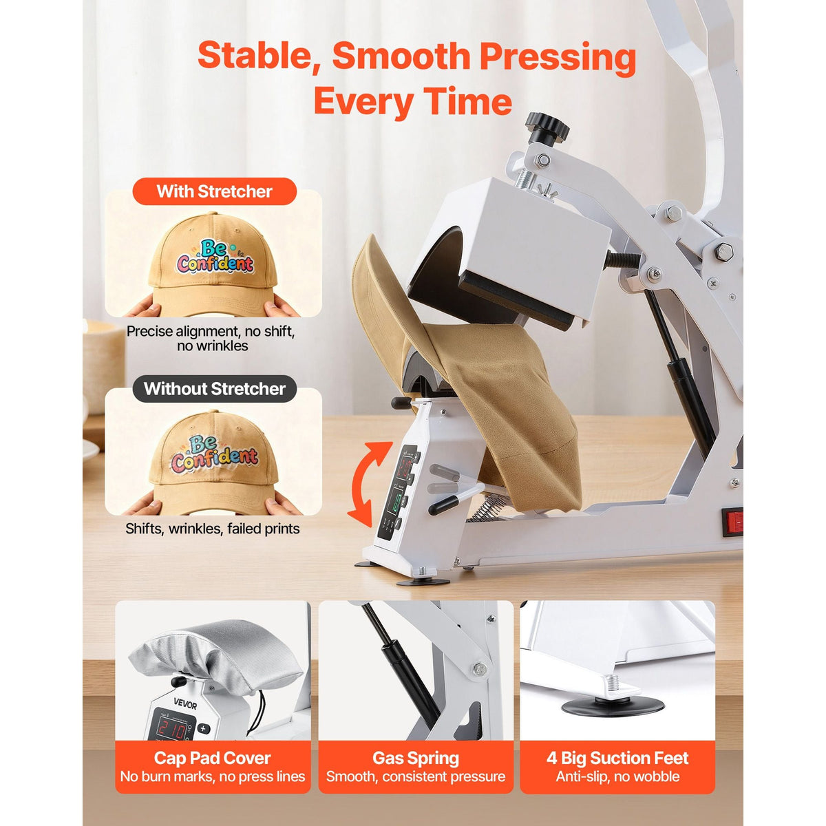 Hat Heat Press Machine, with 2 Interchangeable Platens and Caps Stretcher, Precise Temperature & Time Control, Heat Press for Hats and Caps, for HTV Iron On and Sublimation Projects, White