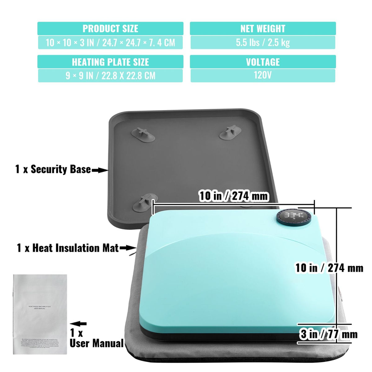 Heat Press Machine,9x9inches Portable Shirt Printing Multifunctional Sublimation Transfer Heat Press Machine Teflon Coated, Easy Iron-on Press for T-shirts/Bags/Pillows/HTV Vinyl Projects