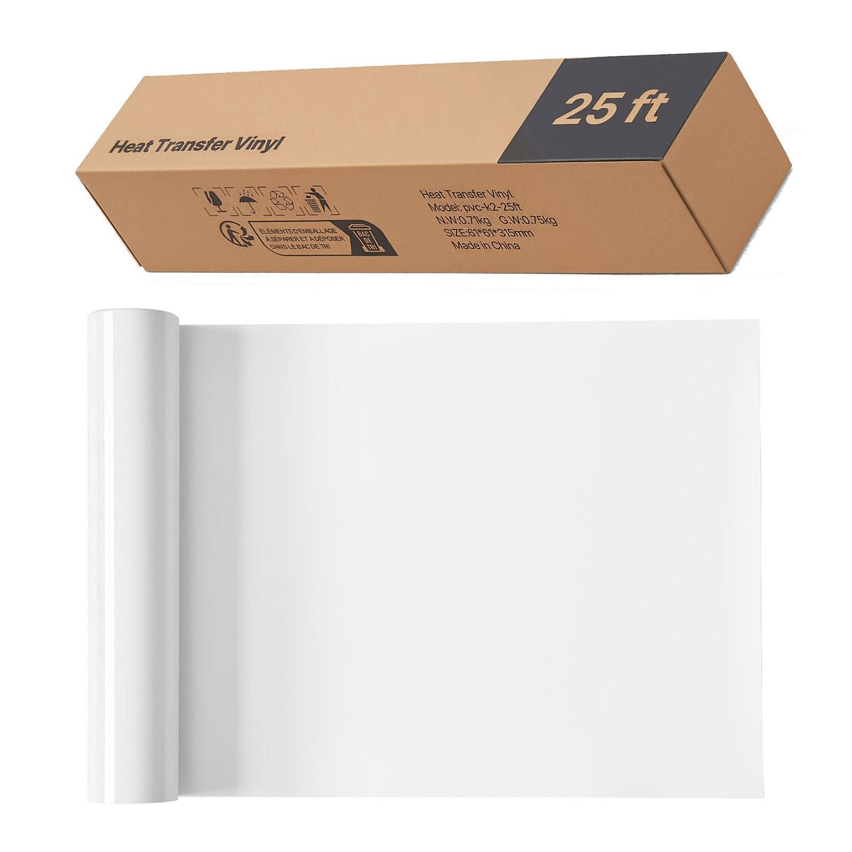 Heat Transfer Vinyl, 12 in x 25 ft, Glossy White HTV Iron on Vinyl Roll, Easy to Cut and Weed, Strong Adhesion, Compatible with Cutting Machines, for Various Materials, T-shirts, Pillows, Hats