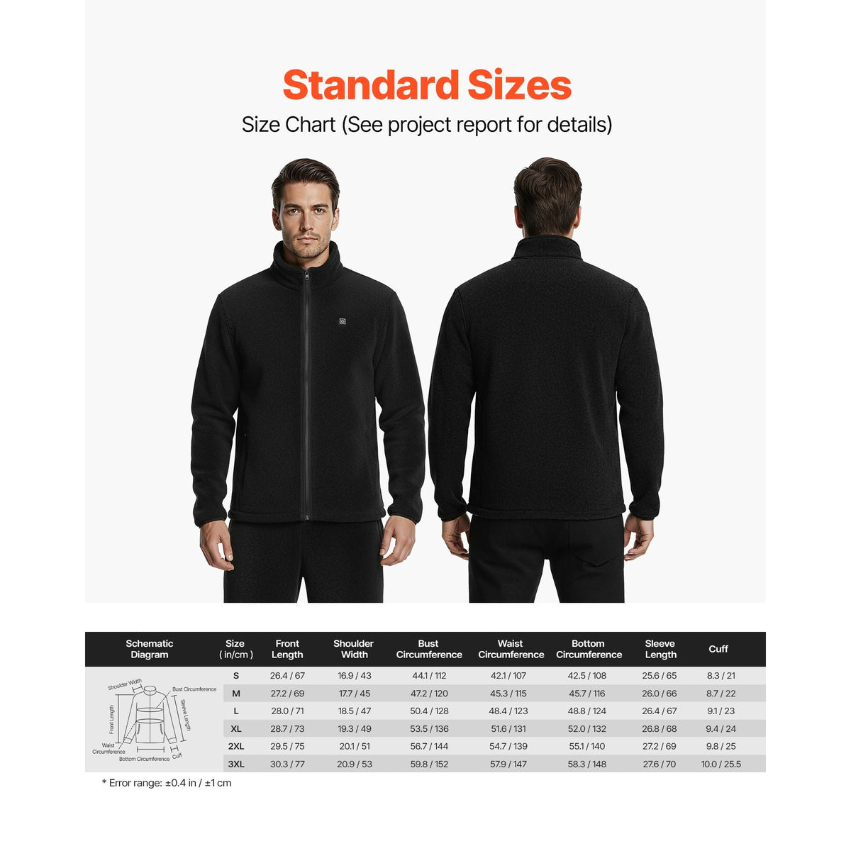 Heated Fleece Jacket for Men, Heated Sweatshirt with 7.4V 16000mAh Rechargeable Power Bank Pack, 6 Heating Zones, 3 Temp Levels, 3h/6h/10h Warmth, for Winter Outdoor Camping, Black, L Size