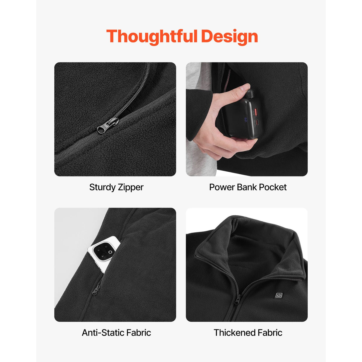 Heated Fleece Jacket for Women, Heated Sweatshirt with 7.4V 16000mAh Rechargeable Power Bank Pack, 6 Heating Zones, 3 Temp Levels, 3h/6h/10h Warmth, for Winter Outdoor Camping, Black, L Size
