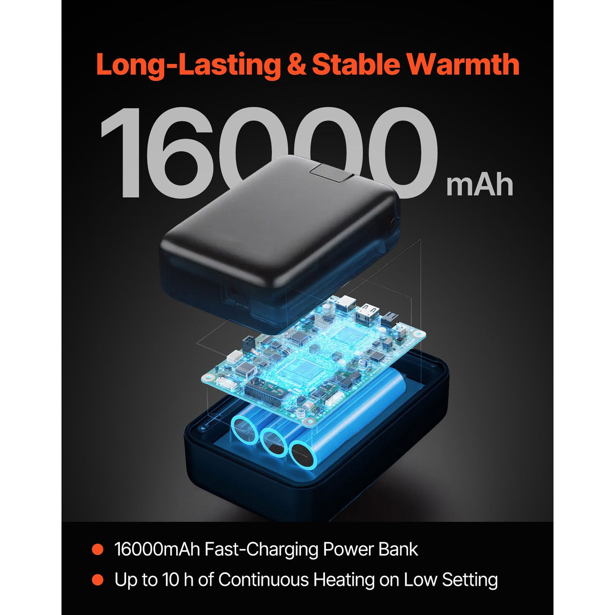 Heated Fleece Jacket for Women, Heated Sweatshirt with 7.4V 16000mAh Rechargeable Power Bank Pack, 6 Heating Zones, 3 Temp Levels, 3h/6h/10h Warmth, for Winter Outdoor Camping, Black, XXL Size