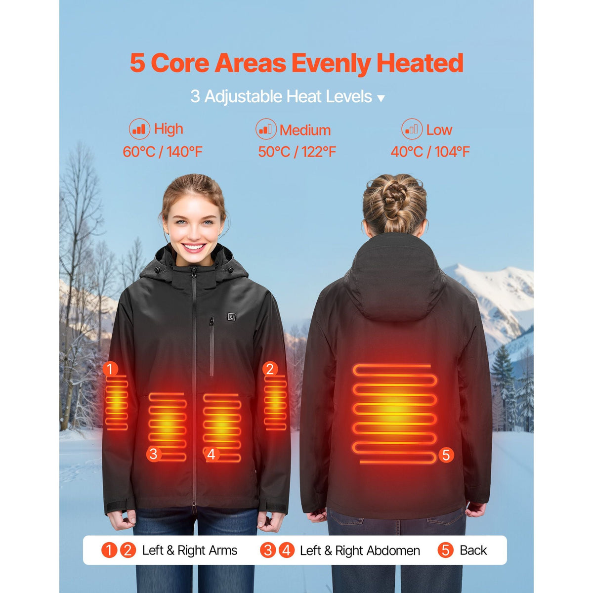 Heated Jacket for Women with 7.4V Battery, Soft Shell Electric Heating Coat, Windproof Waterproof Lightweight Outerwear with 5 Heating Zones & 3 Heat Settings, Machine Washable, L Size
