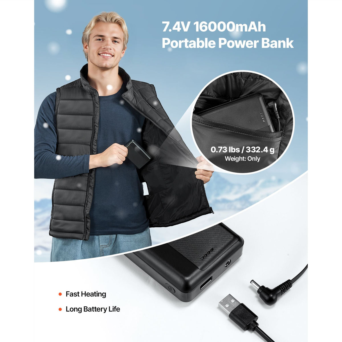 Heated Vest, Men Electric Heating Vest with 16000 mAh Battery Pack, 8 Heating Zones Lightweight Rechargeable Winter-Vest with 3 Levels, for Outdoor Hiking Camping Fishing Skiing, Size M
