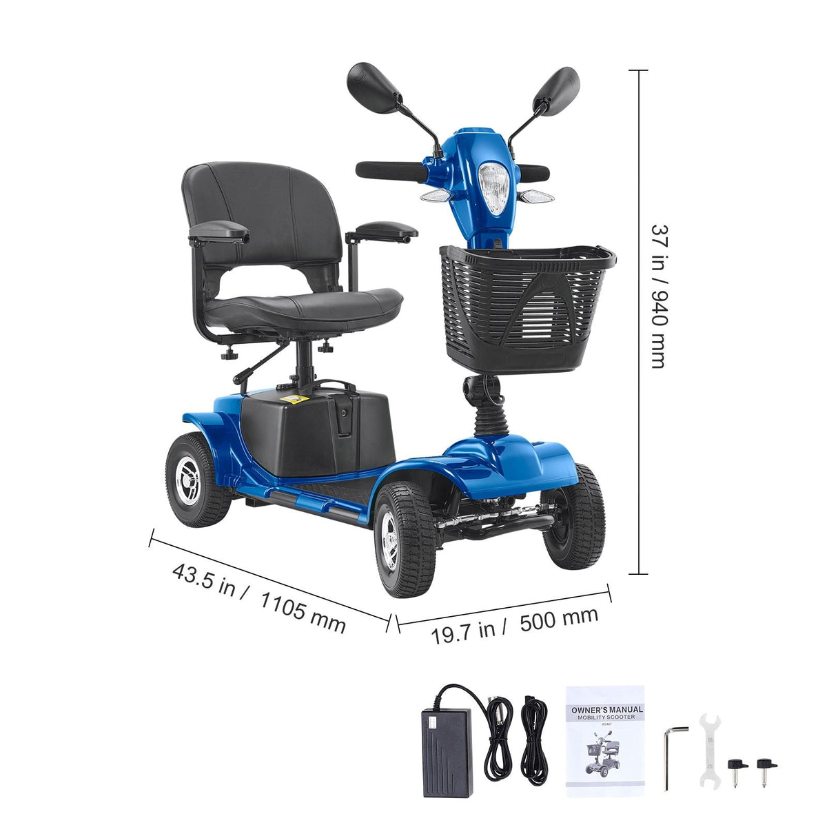 Heavy-Duty 4 Wheel Mobility Scooter for Adults & Seniors - Folding Electric Powered Mobility Scooter & 12 Mile Long Range, All Terrain Travel Scooter with 9° Climbing Capacity, 265lb Capacity