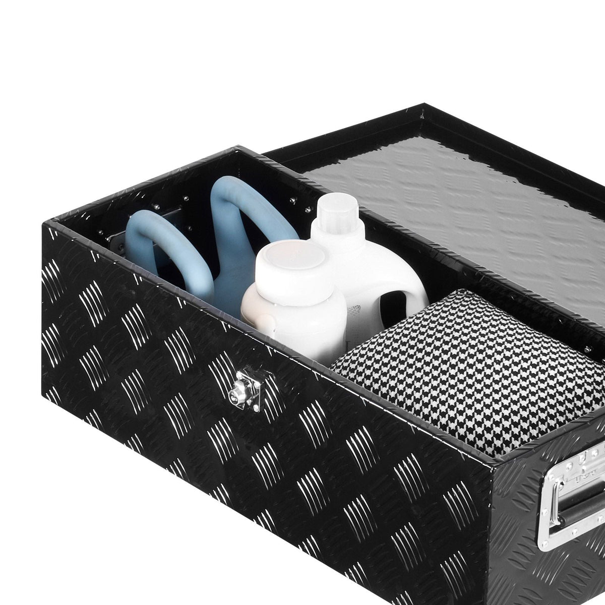 Heavy Duty Aluminum Truck Bed Tool Box, Stripes Plated Tool Box with Side Handle and Lock Keys, Storage Toolbox Chest Organizer for Trailer, Pickup, Truck Bed, RV, 30"x13"x9.6", Black