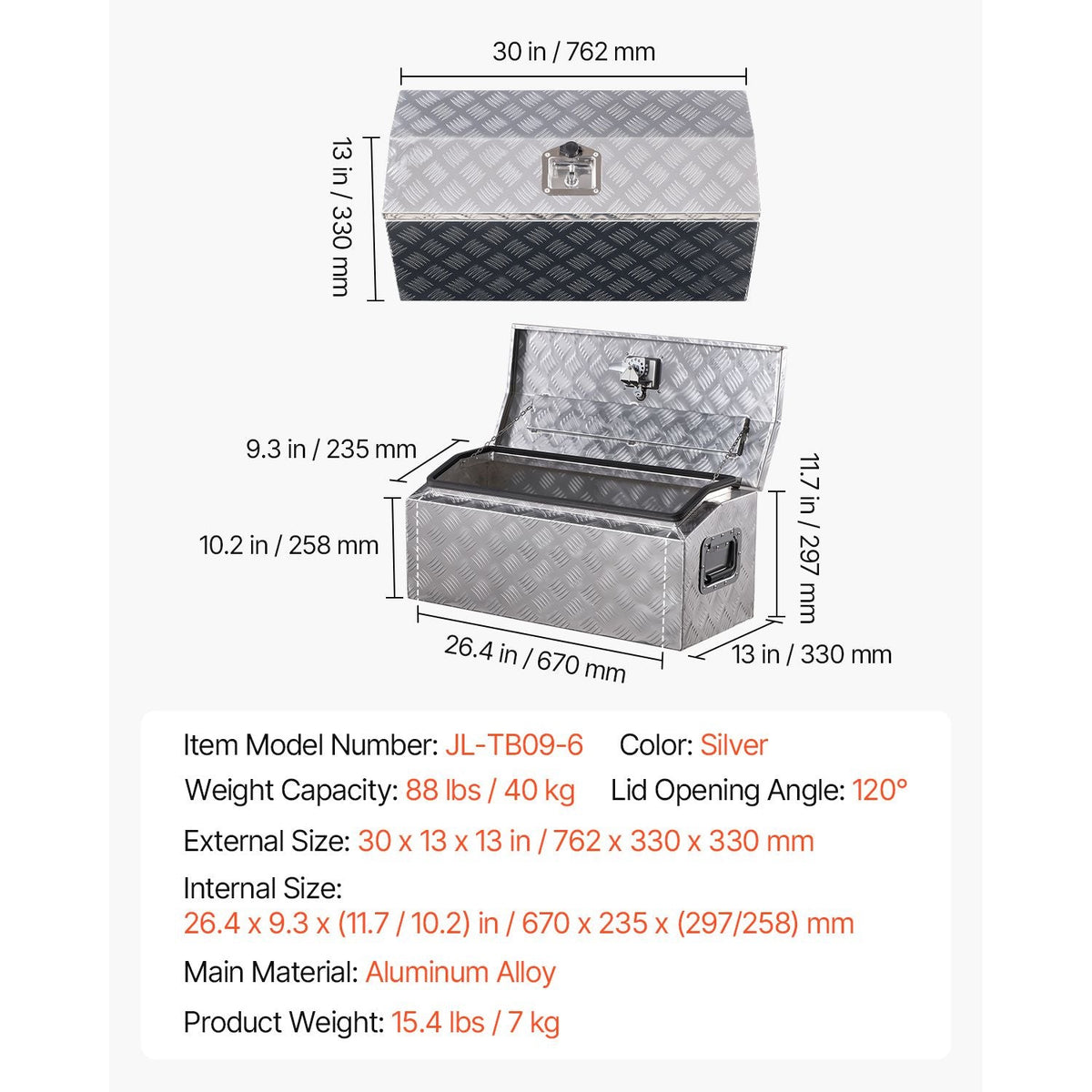 Heavy Duty Aluminum Truck Bed Tool Box, Stripes Plated Tool Box with Side Handle and T-Lock Keys, Storage Toolbox Chest Organizer for Trailer, Pickup, Truck Bed, RV, 30"x13"x13", Silver